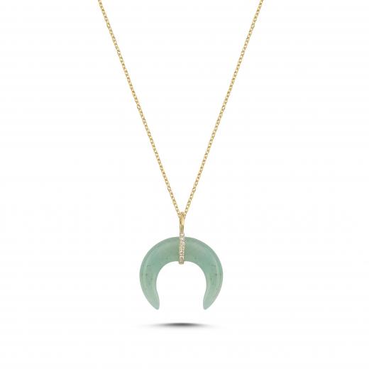 14k Gold Diamond and Blue Agate Crescent Moon Necklace