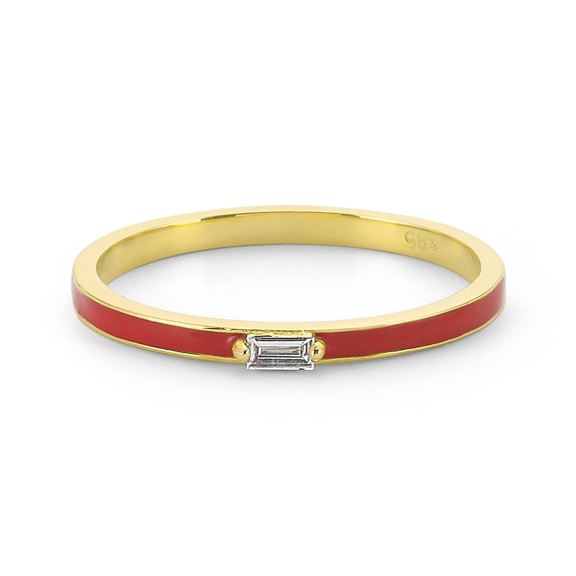 14k Baguette Diamond Red Color Enamel Ring