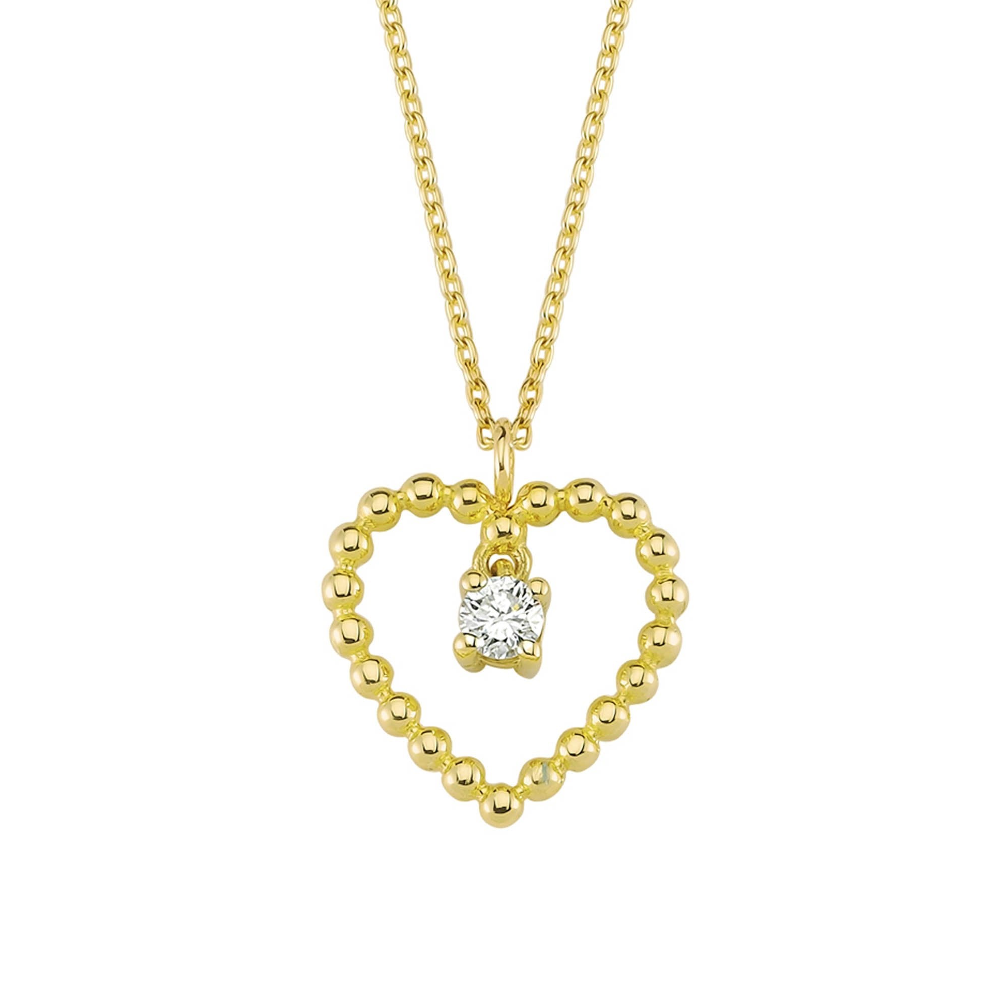 14k Beaded Heart Charm Necklace with Dangle Diamond