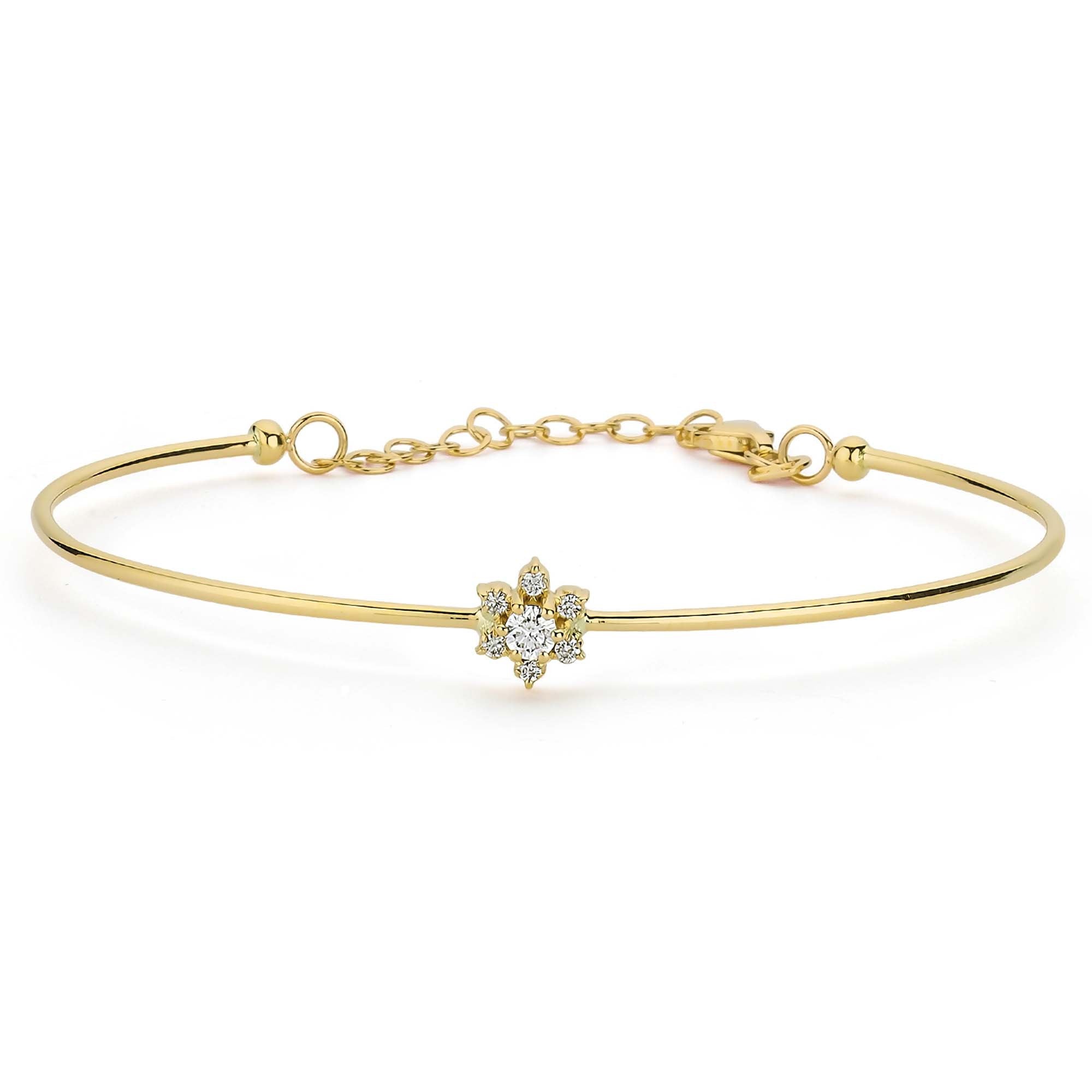 14k Cluster Diamond Flower Bangle with Adjustable Chain