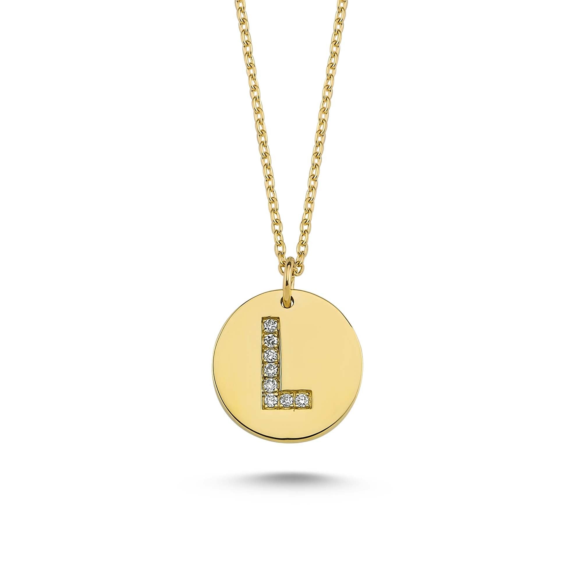 14k Diamond Initial L Pendant Necklace in Circle Shape