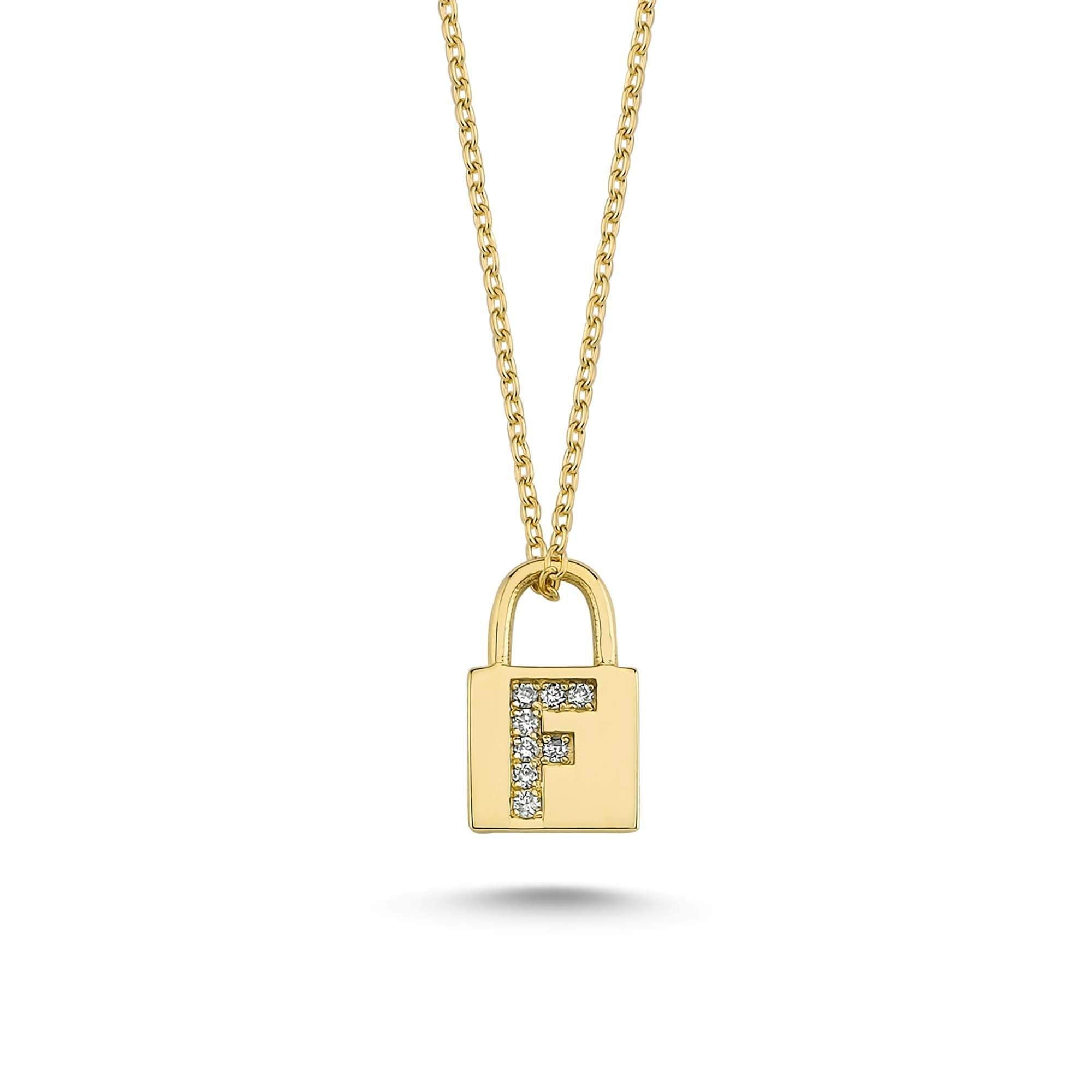 14k Diamond Padlock Necklace with Letter F