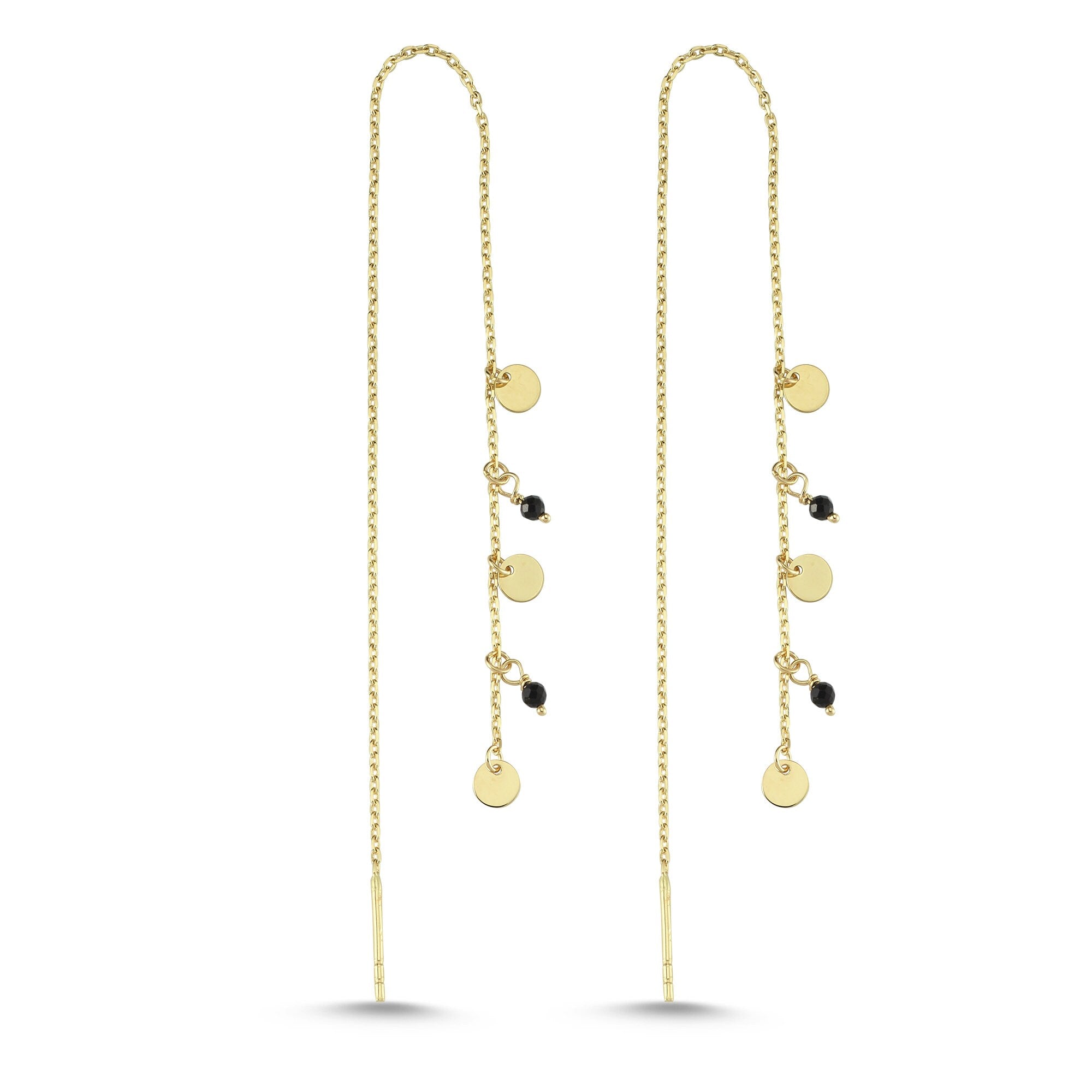 14k Gold Small Disc Threader Earrings with Onyx