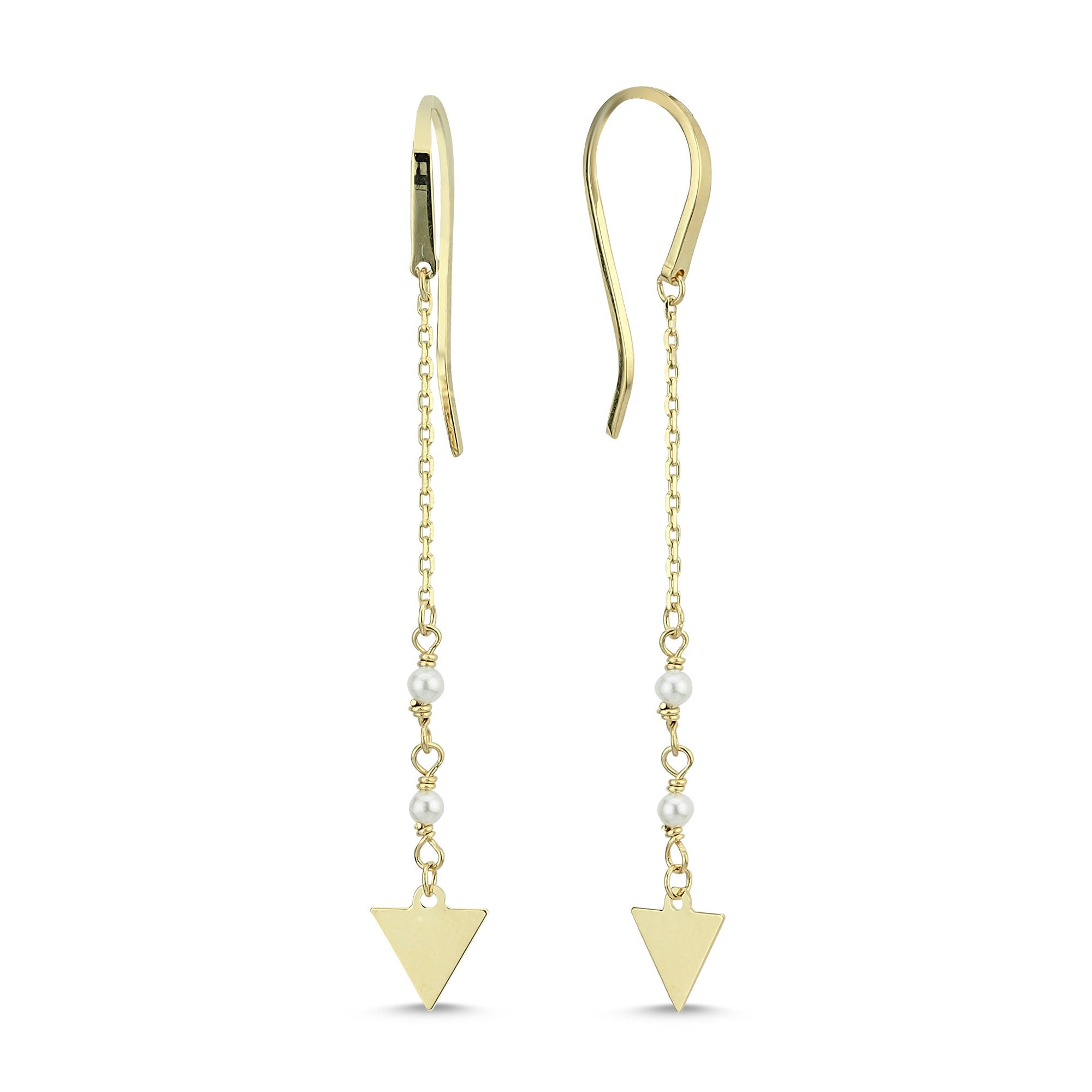 14k Gold Triangle Charm Long Earrings with Small Pearl