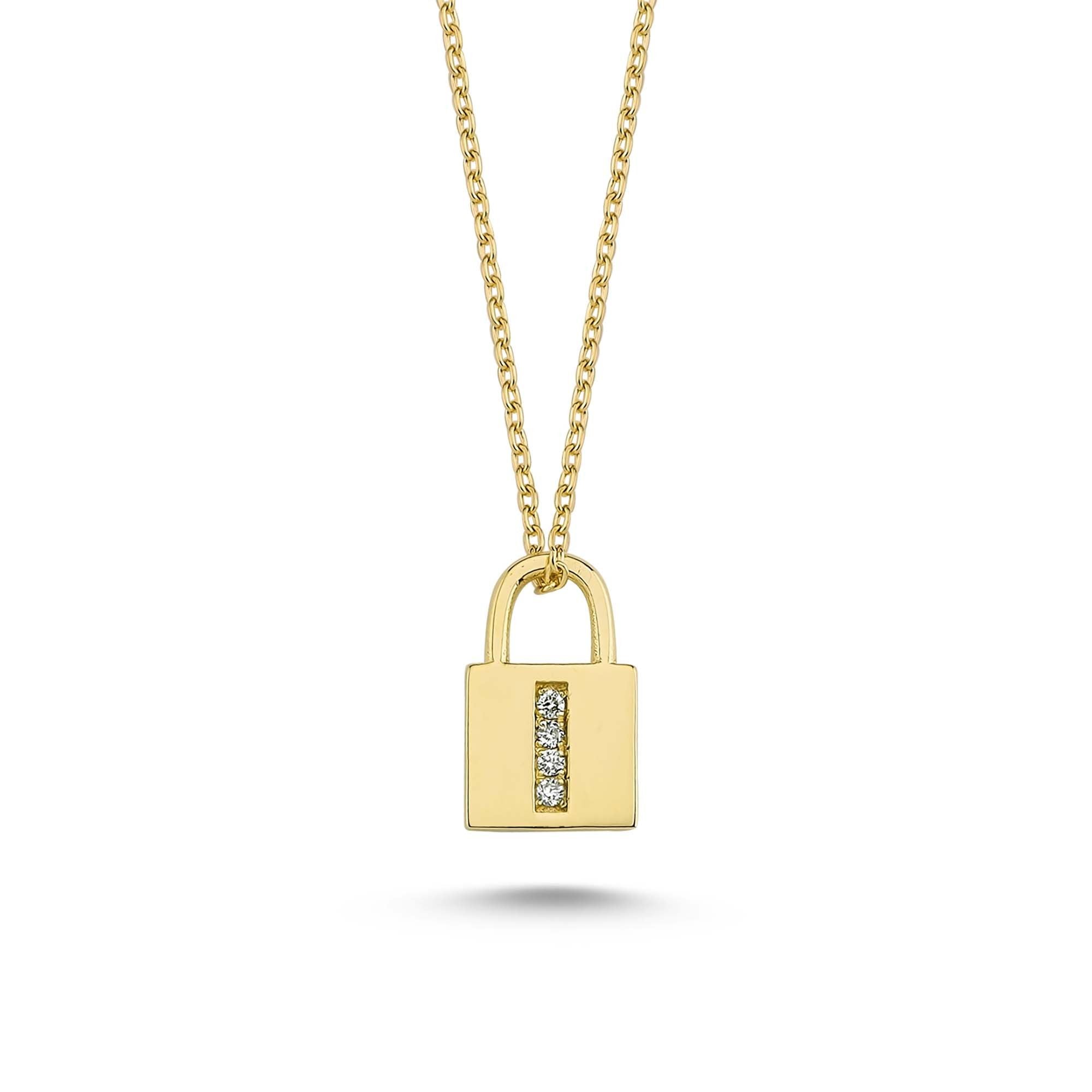 14k Padlock Charm Necklace with Letter I in Diamond