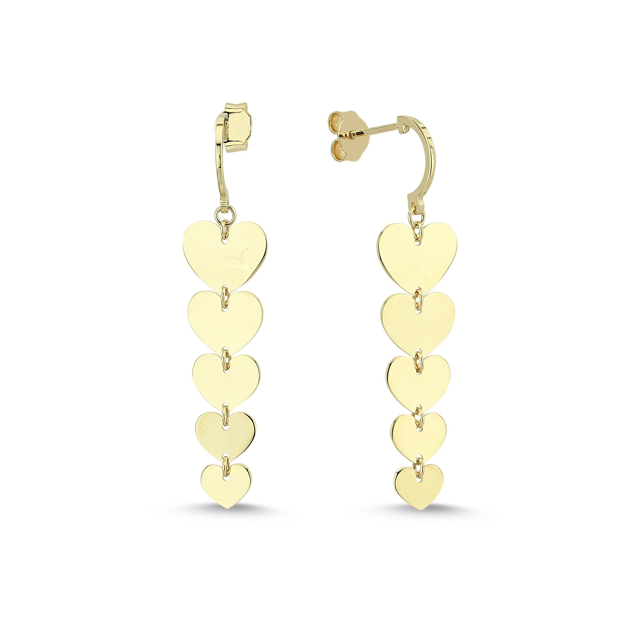 14k Solid Gold Heart Dangle Drop Earrings