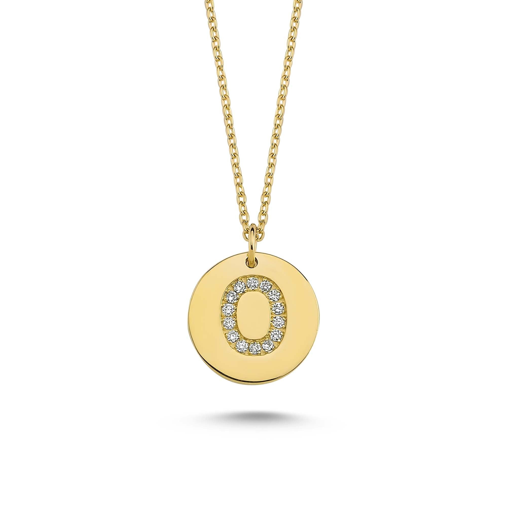 14k Solid Gold Letter O Pendant Necklace with Round Diamond