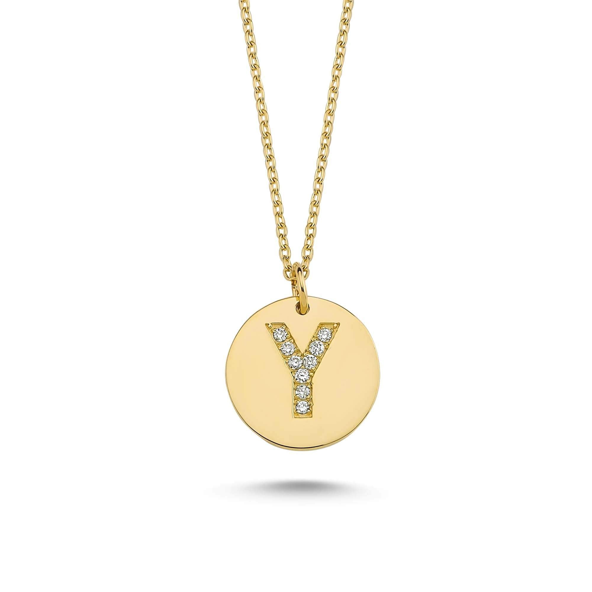 14kt Real Gold Initial Y Pendant Necklace with Diamond