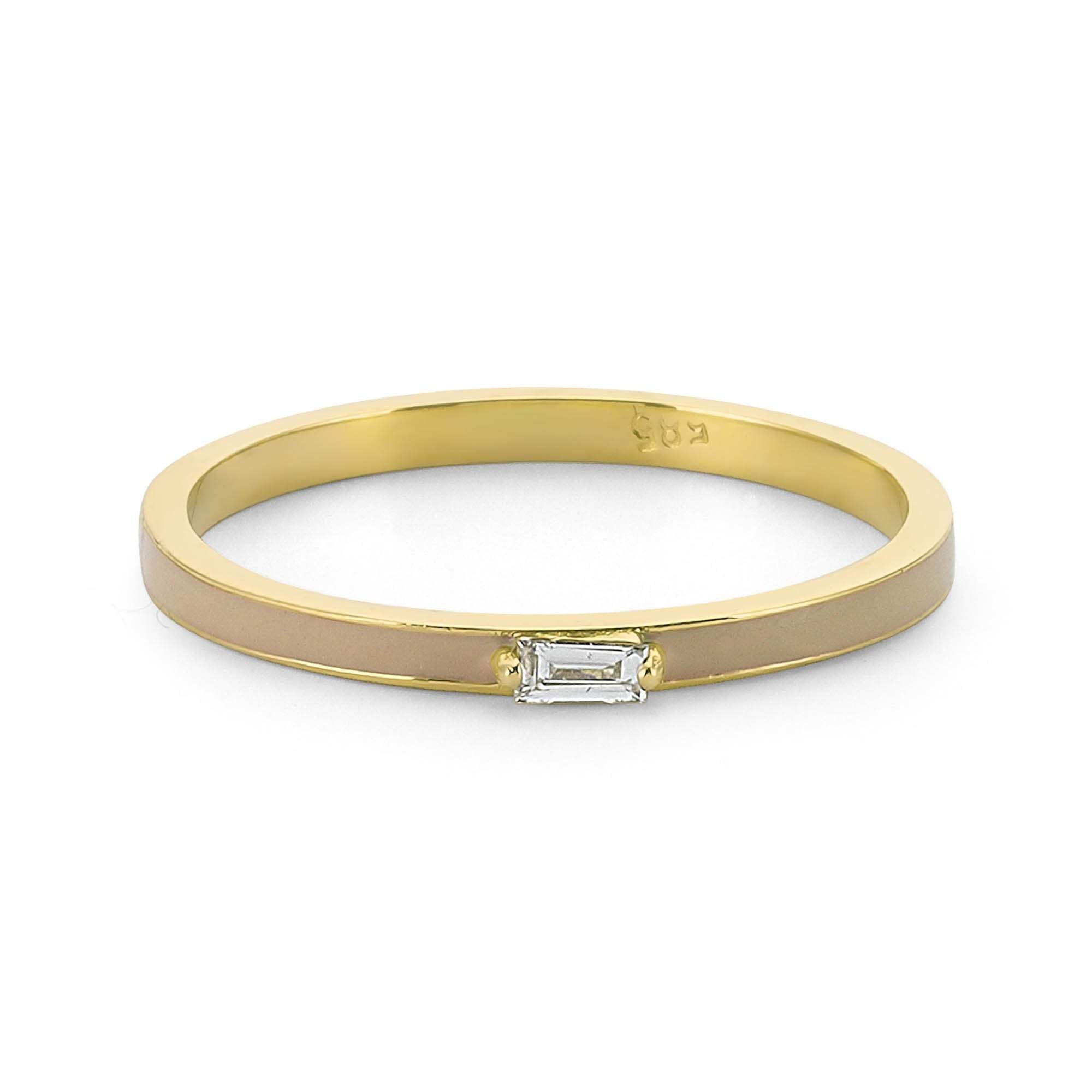 Beige Color Enamel Ring with Single Baguette Diamond