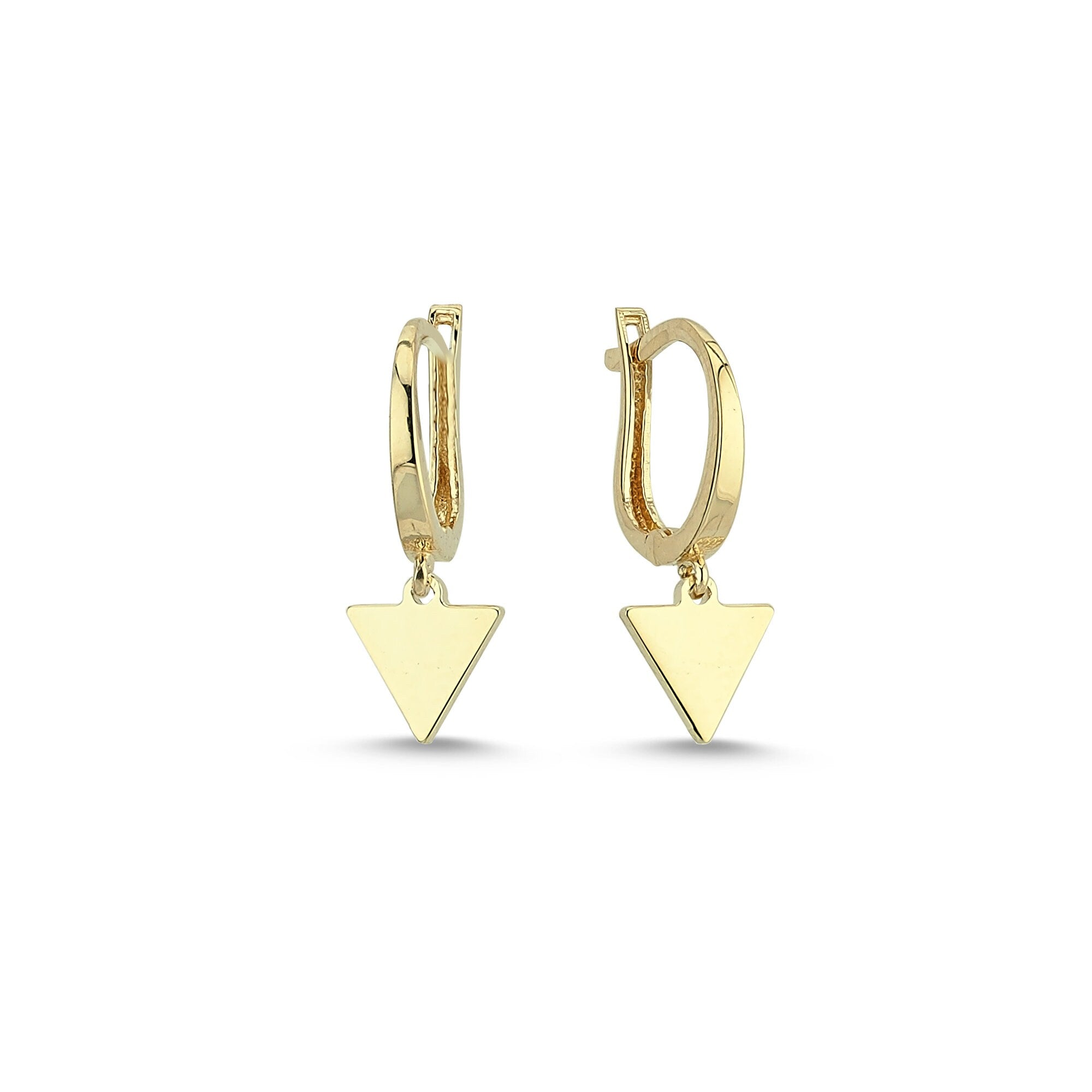 Cute Triangle Charm Dangle Earrings in Real Yellow Gold