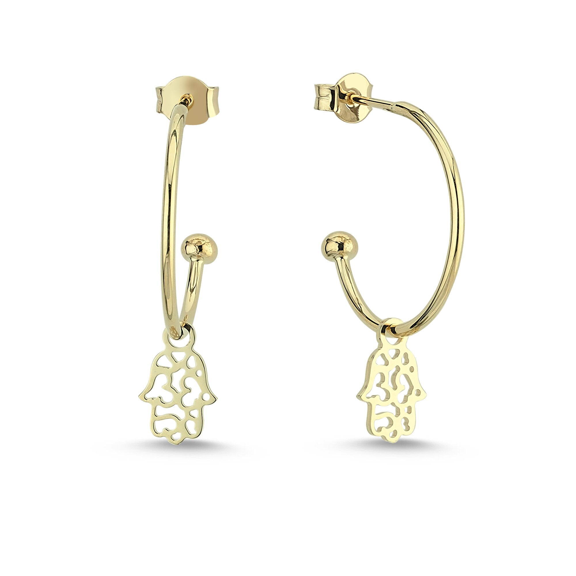 Dainty Hamsa Charm Half Hoop Earrings in Yellow Gold