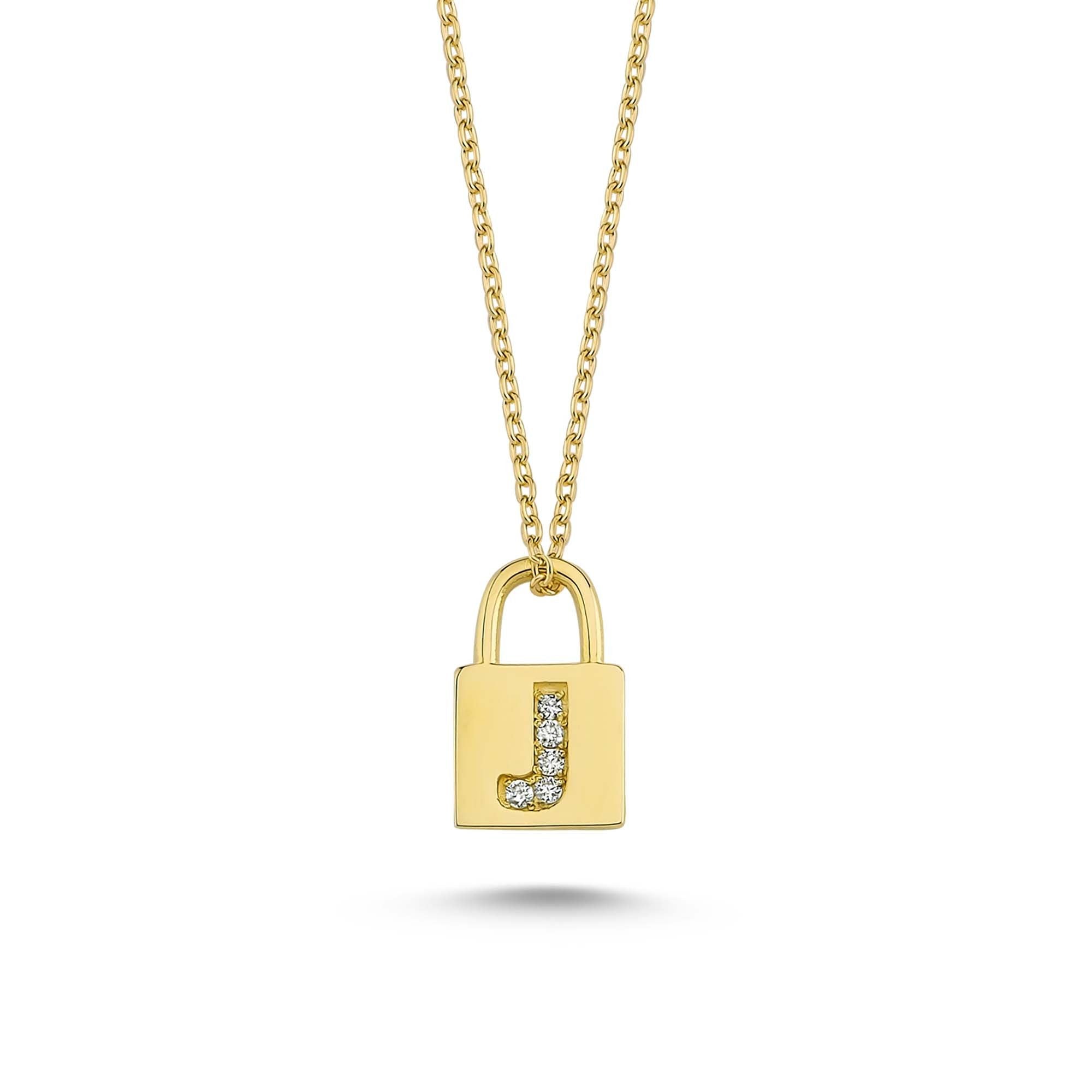 Dainty Initial J Padlock Charm Necklace with Diamond