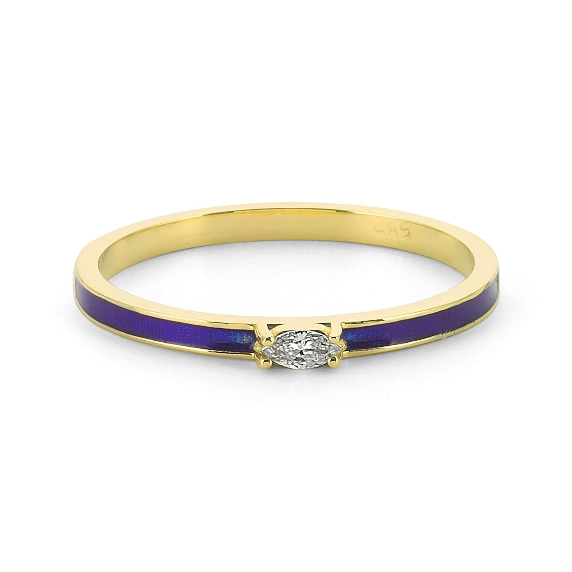 Dark Blue Color Enamel Ring with Diamond in 14k