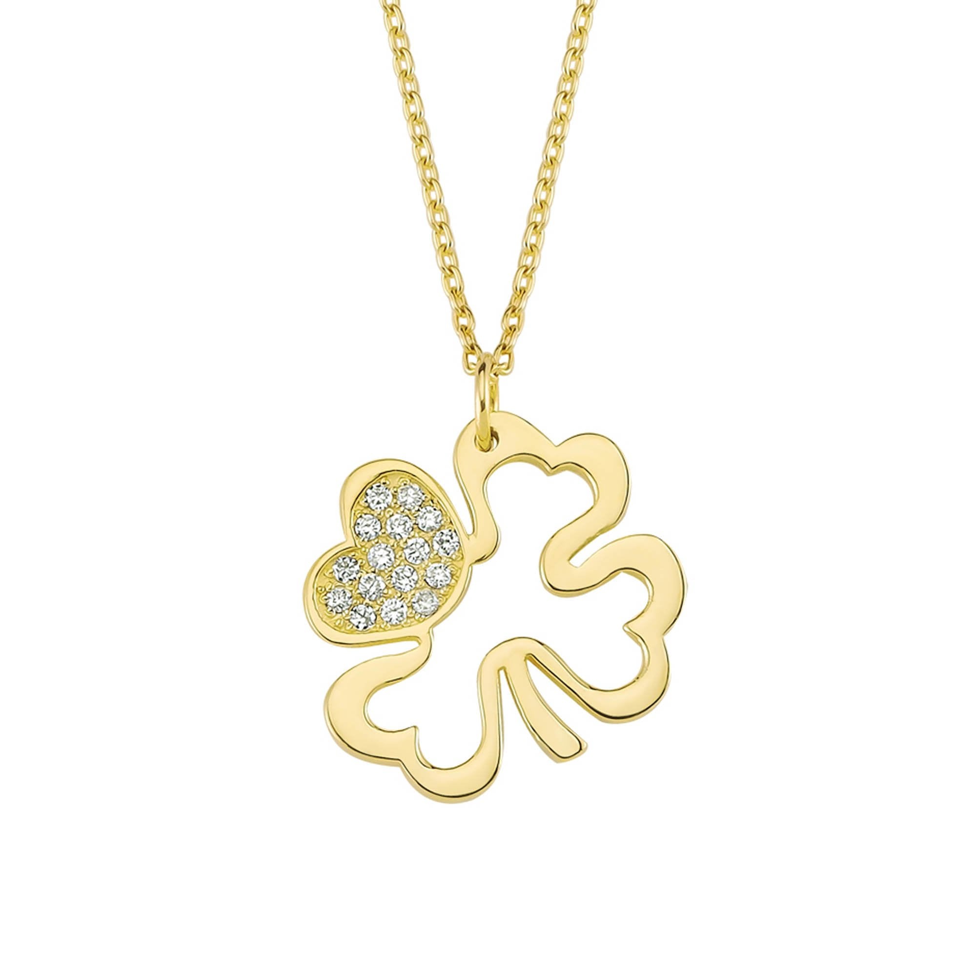 Delicate Gold Clover Necklace with Diamond Heart Shaped Leaf