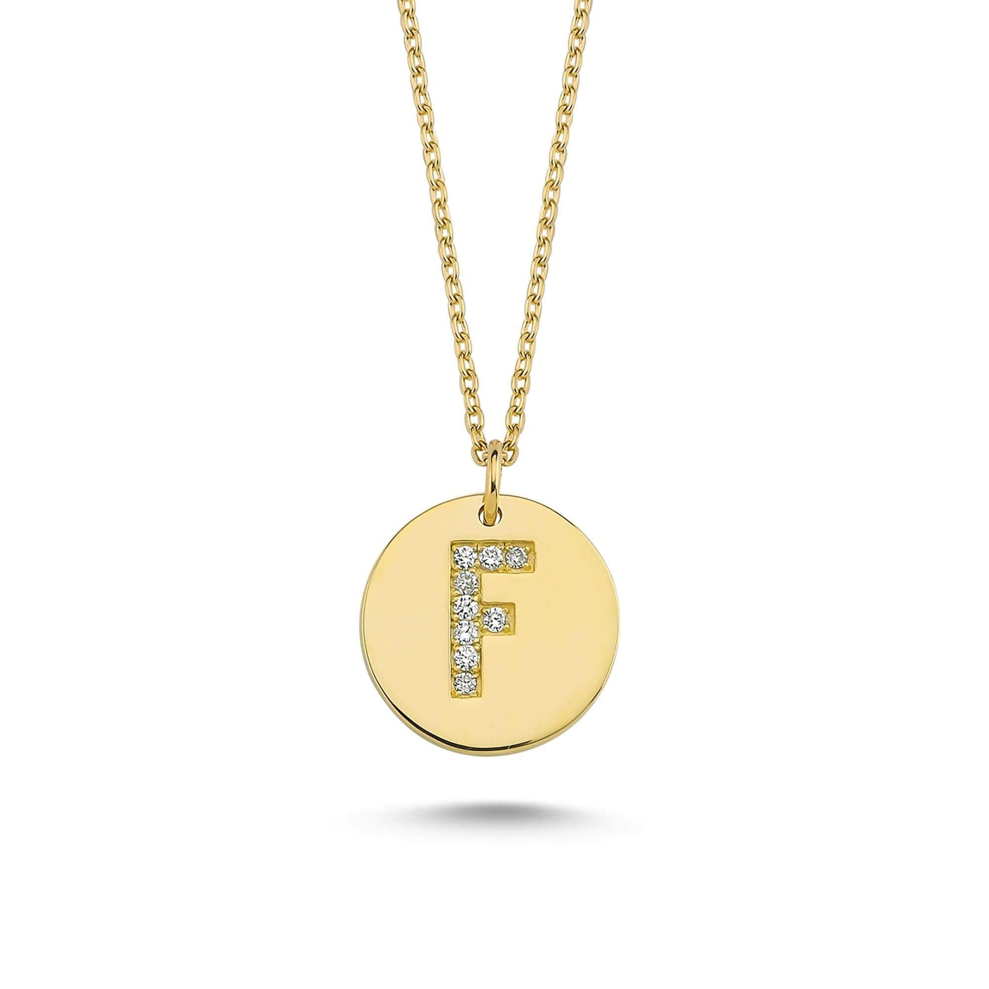 Delicate Round Charm Necklace with Diamond Initial F