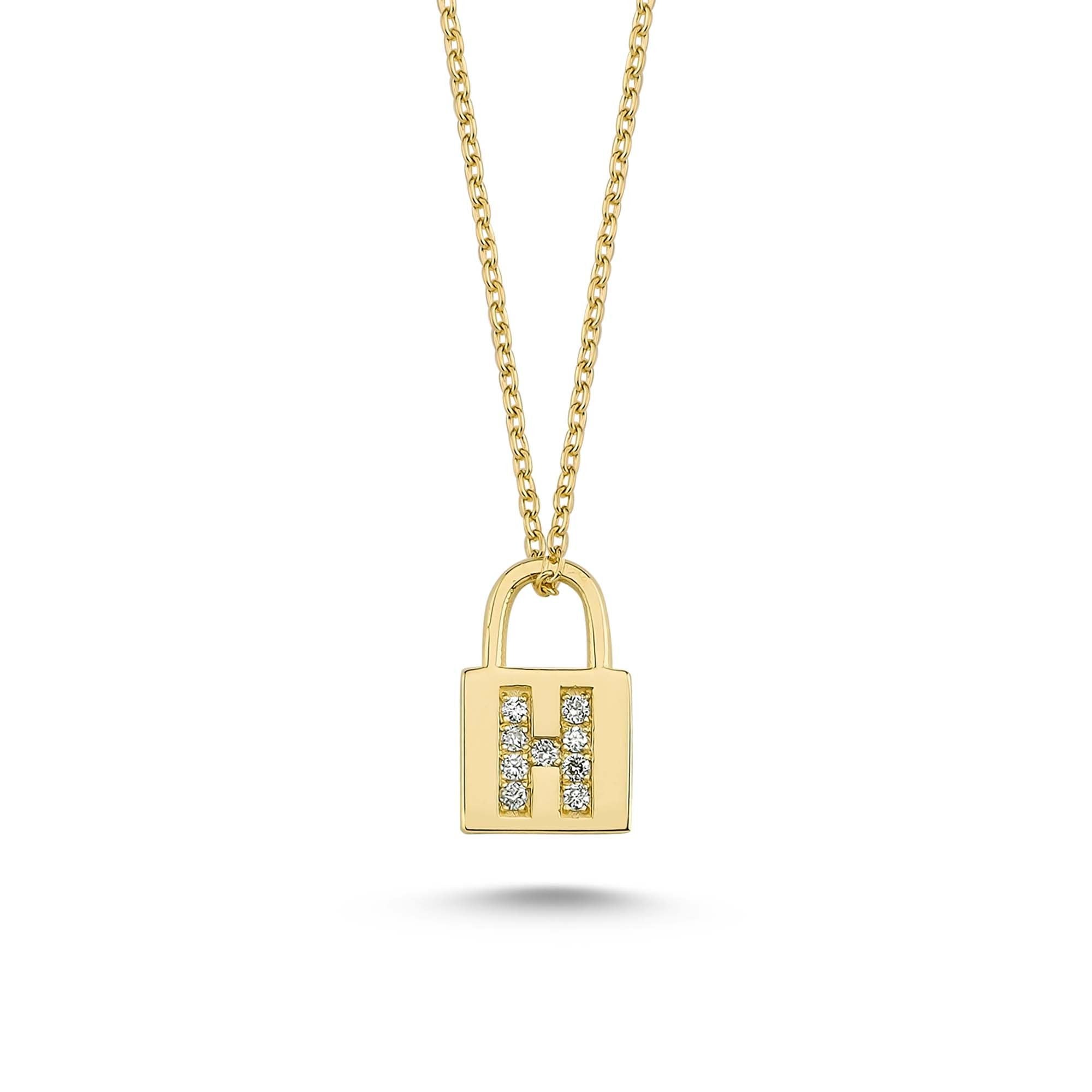 Diamond Initial H Padlock Charm Necklace in Gold