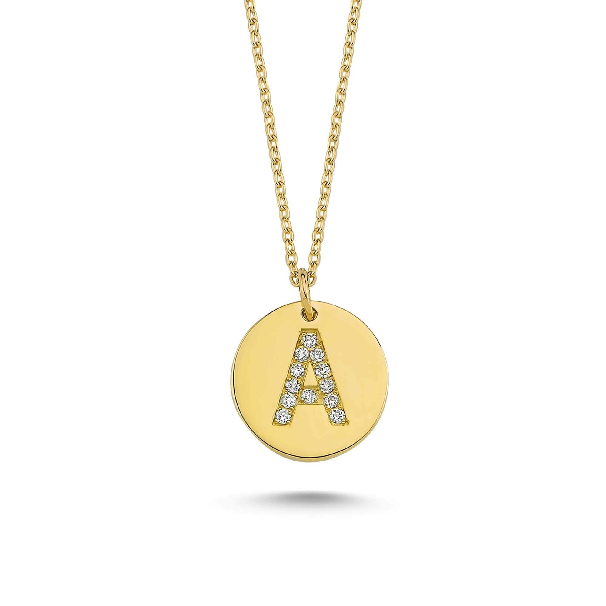Diamond Letter A Pendant Necklace in Gold Disc Shape