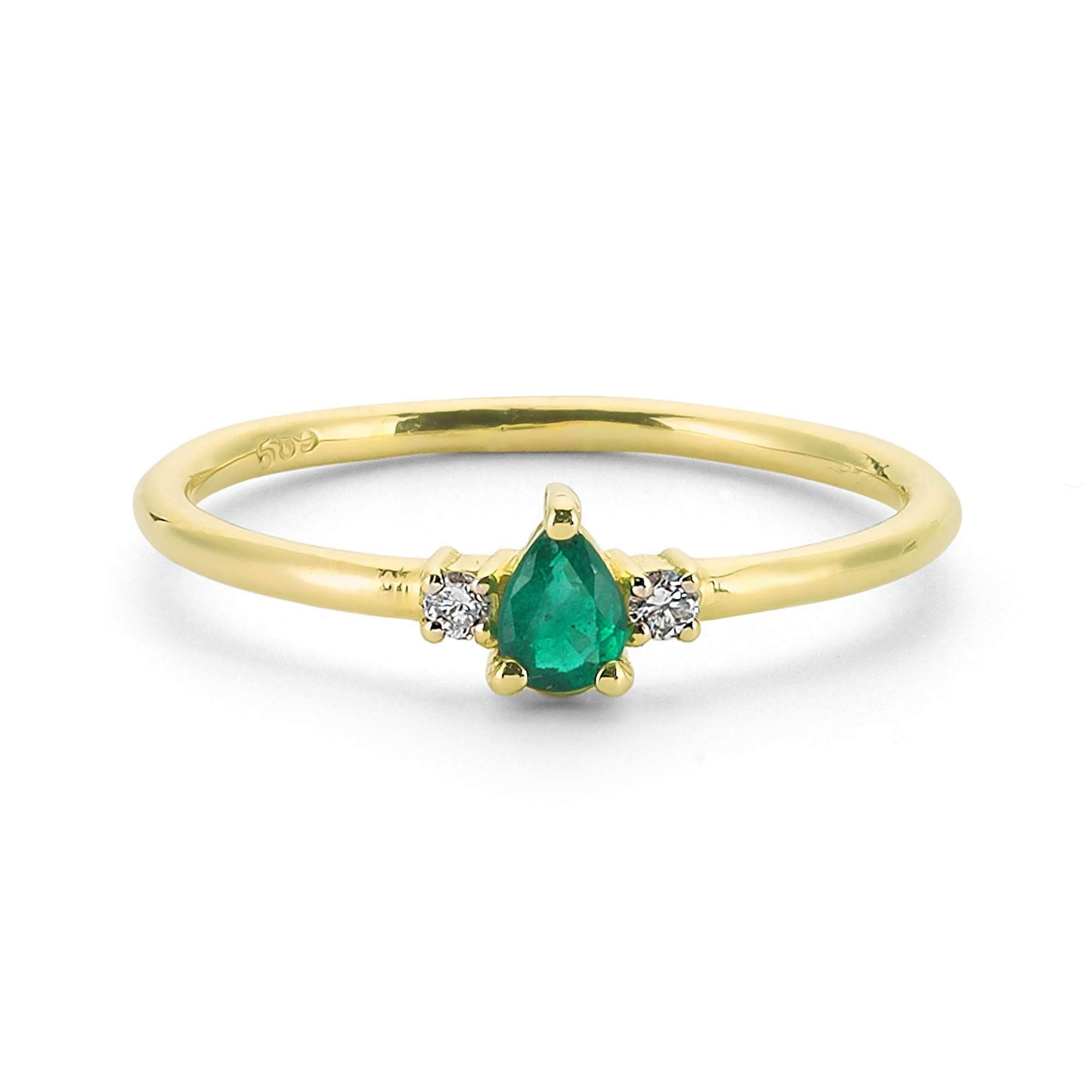 Genuine Pear Cut Emerald Engagement Ring with Diamond