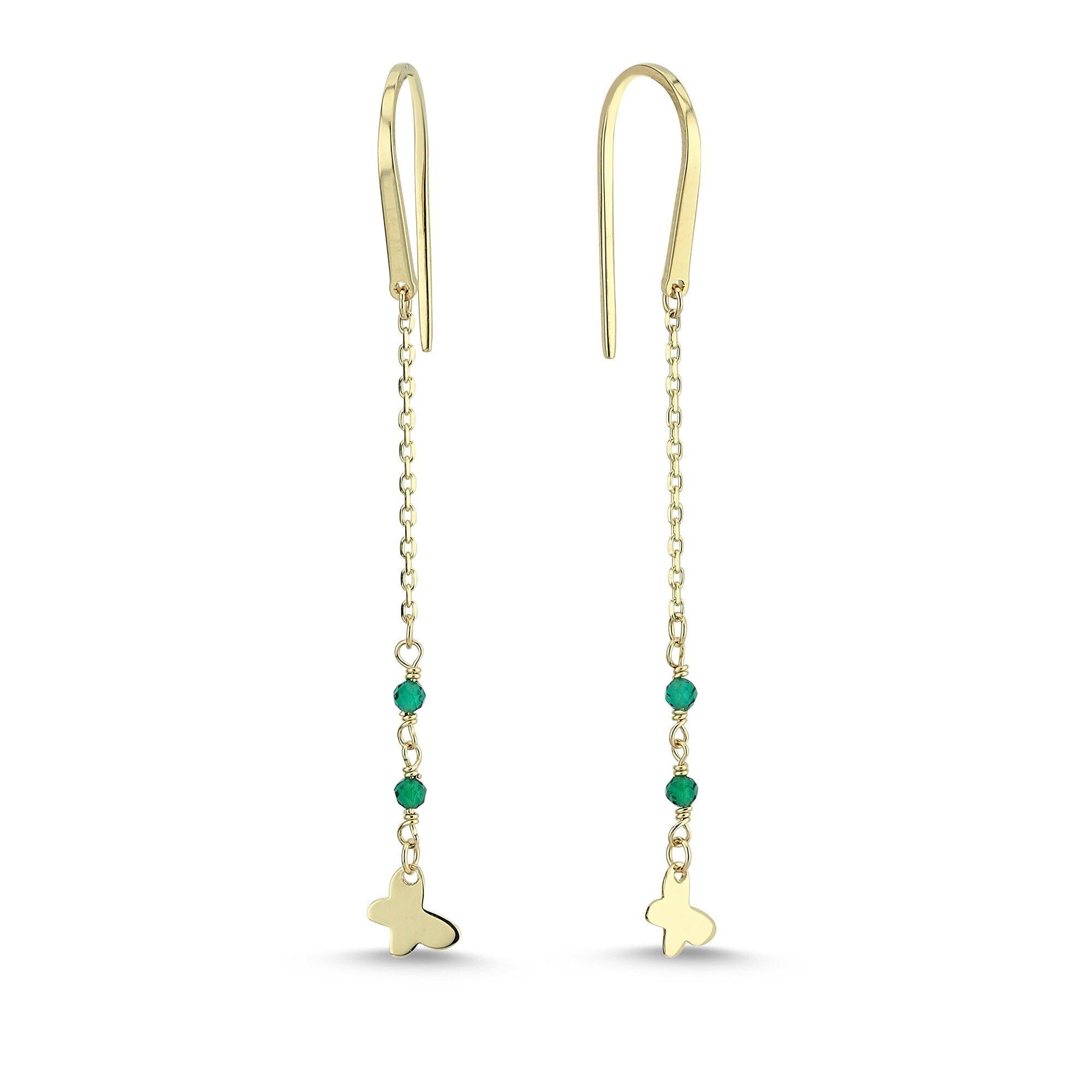 Gold Butterfly Charm Drop Earrings with Tiny Emerald