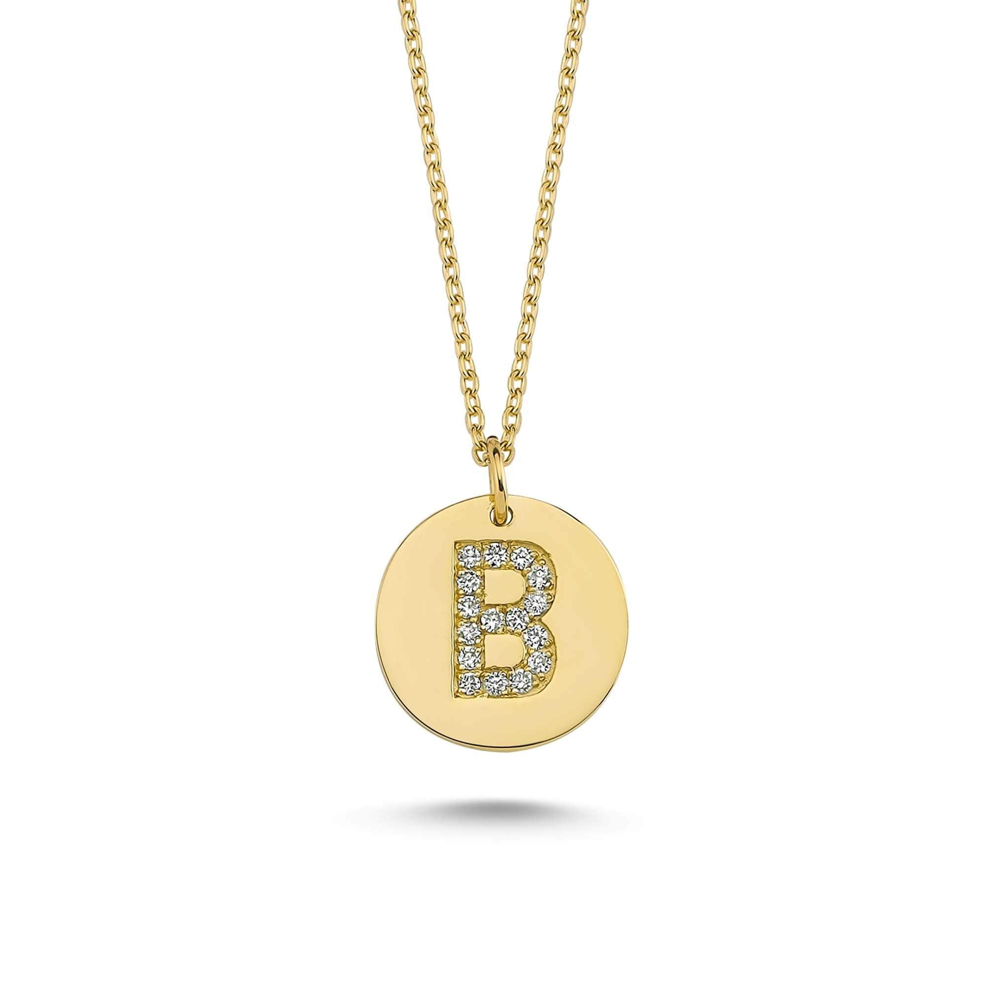 Gold Disc Letter B Pendant Necklace with Diamond