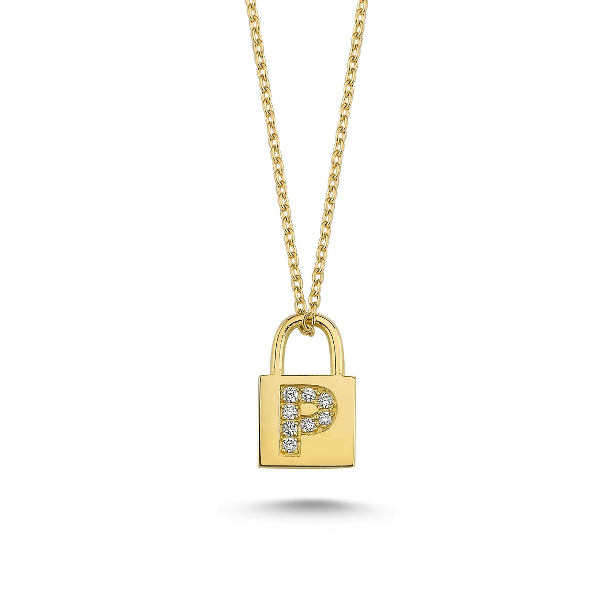 Gold Padlock Charm Necklace with Diamond Letter P