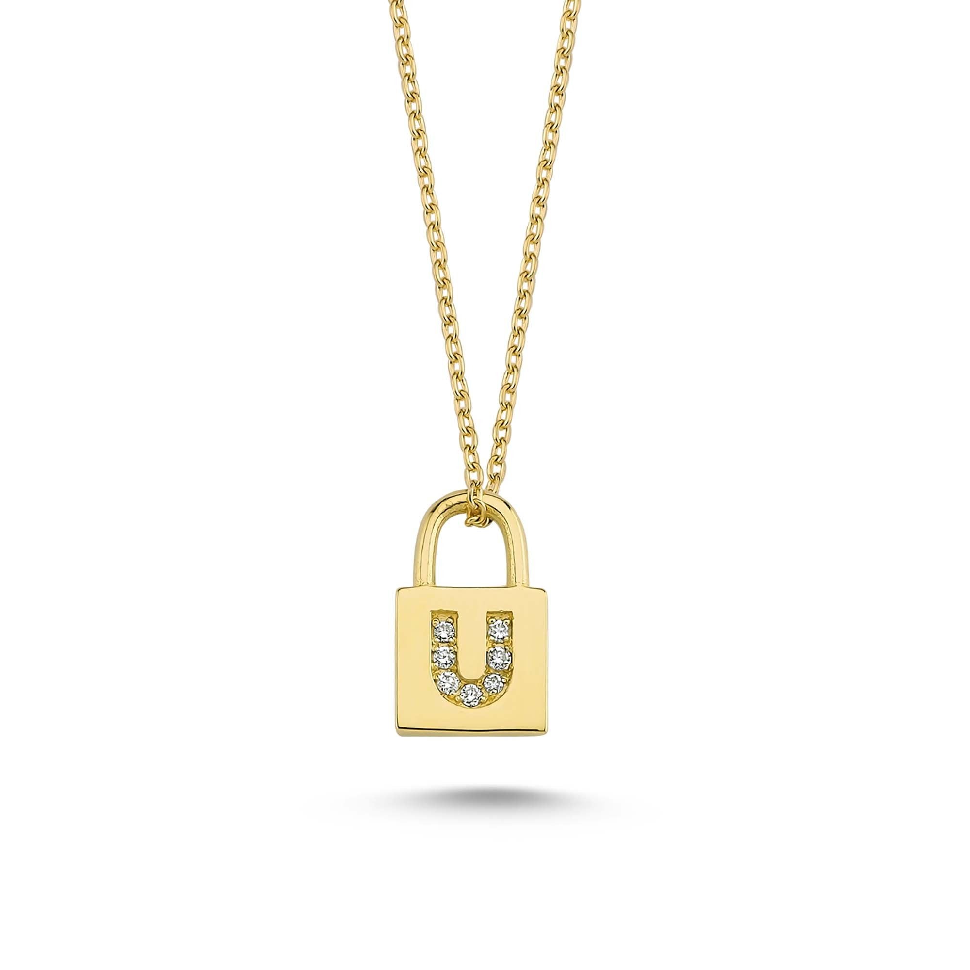 Gold Padlock Charm Necklace with Letter U in 14k Diamond