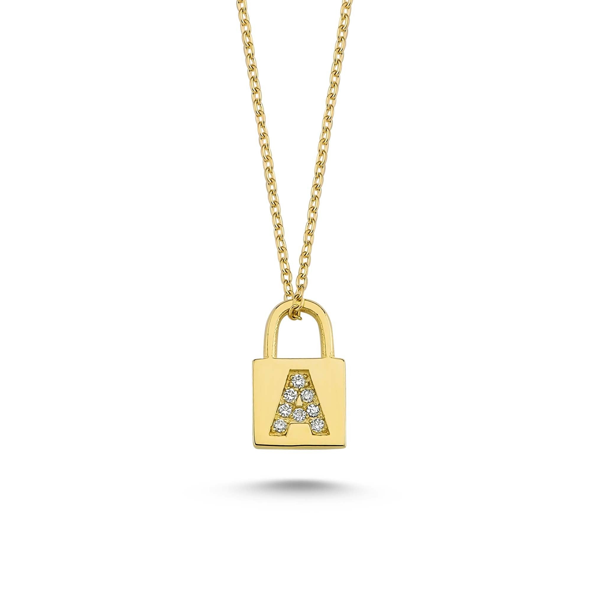 Initial A Padlock Charm Necklace with Gold and Diamond
