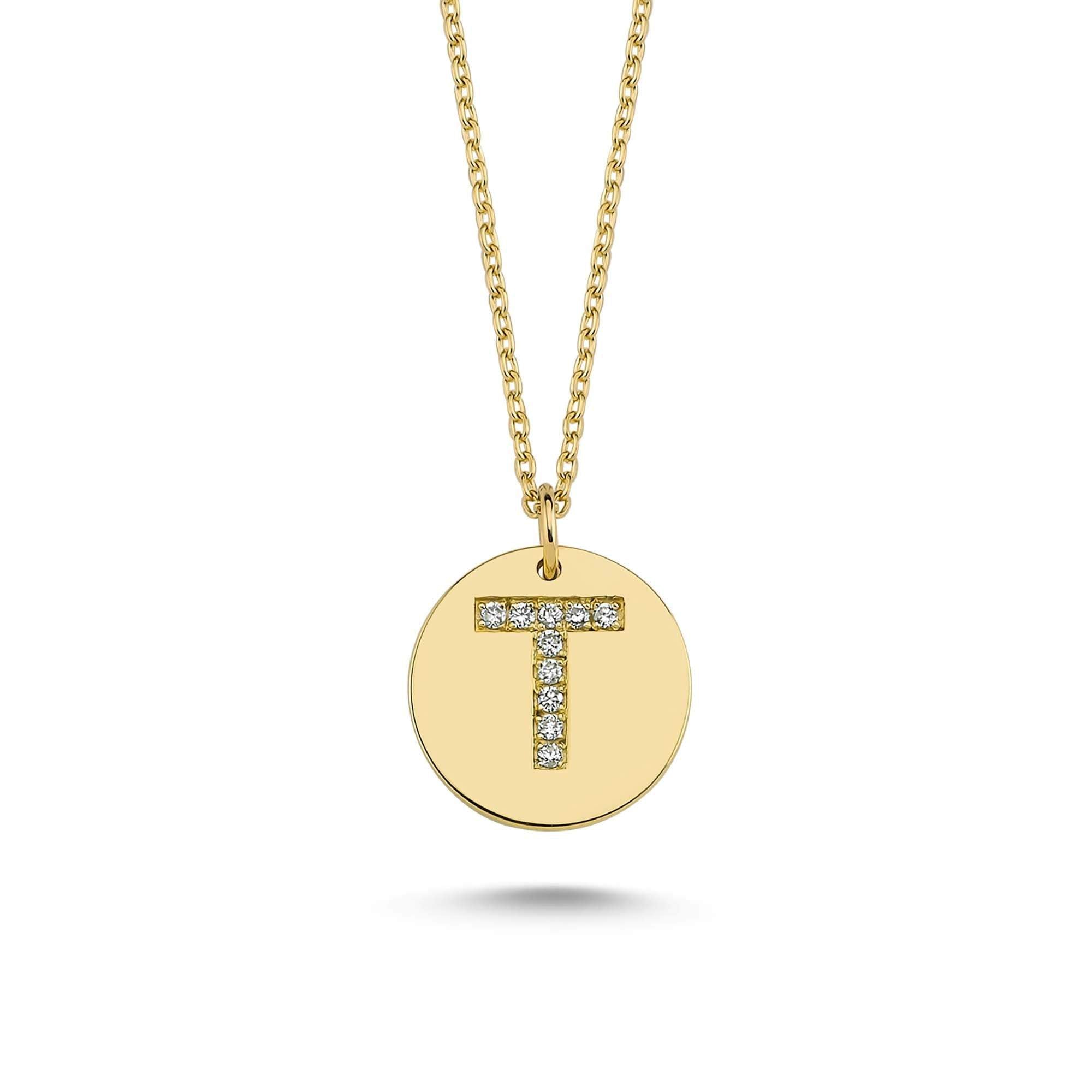 Initial T Pendant Necklace with Diamond in 14k