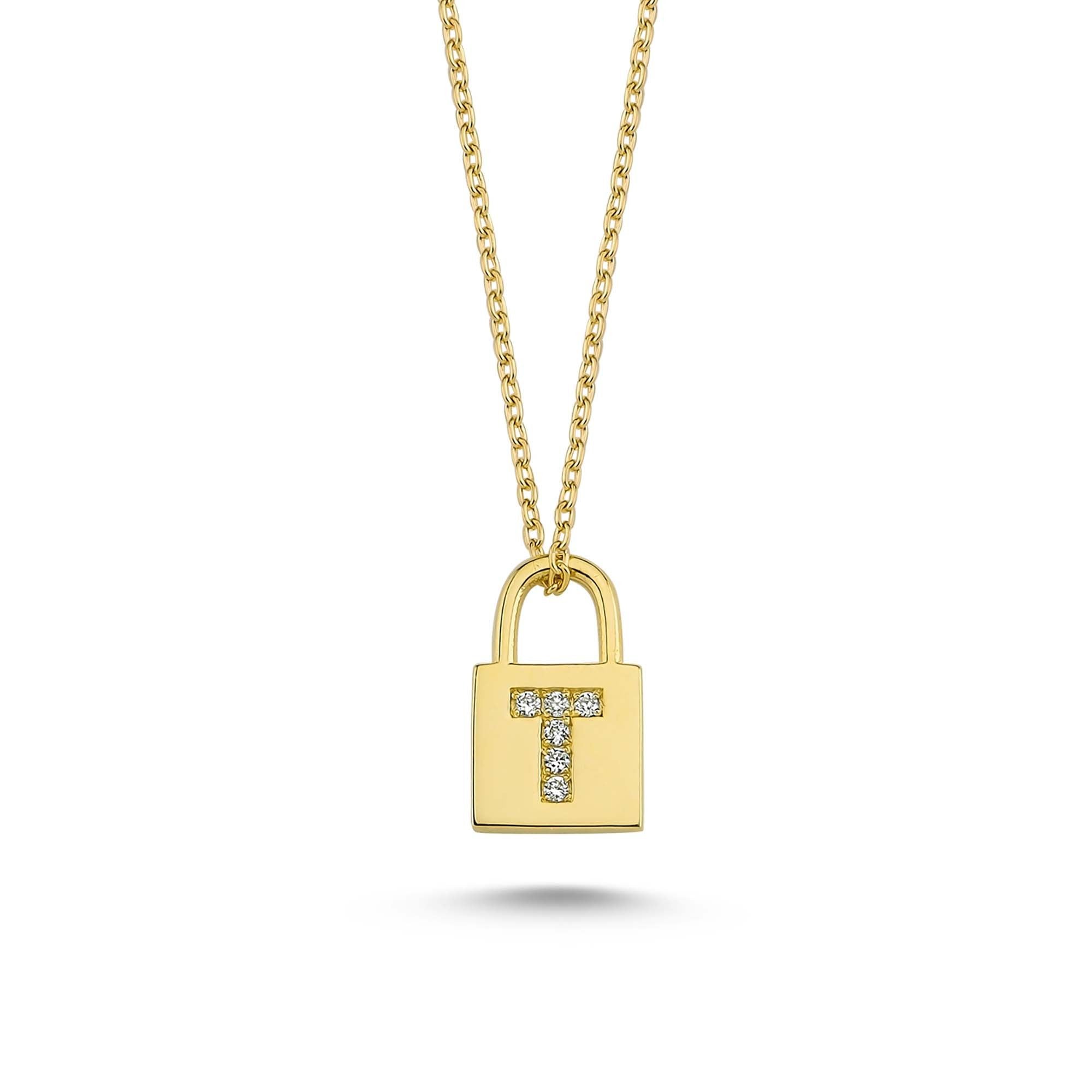 Letter T Padlock Charm Necklace in Gold and Diamond