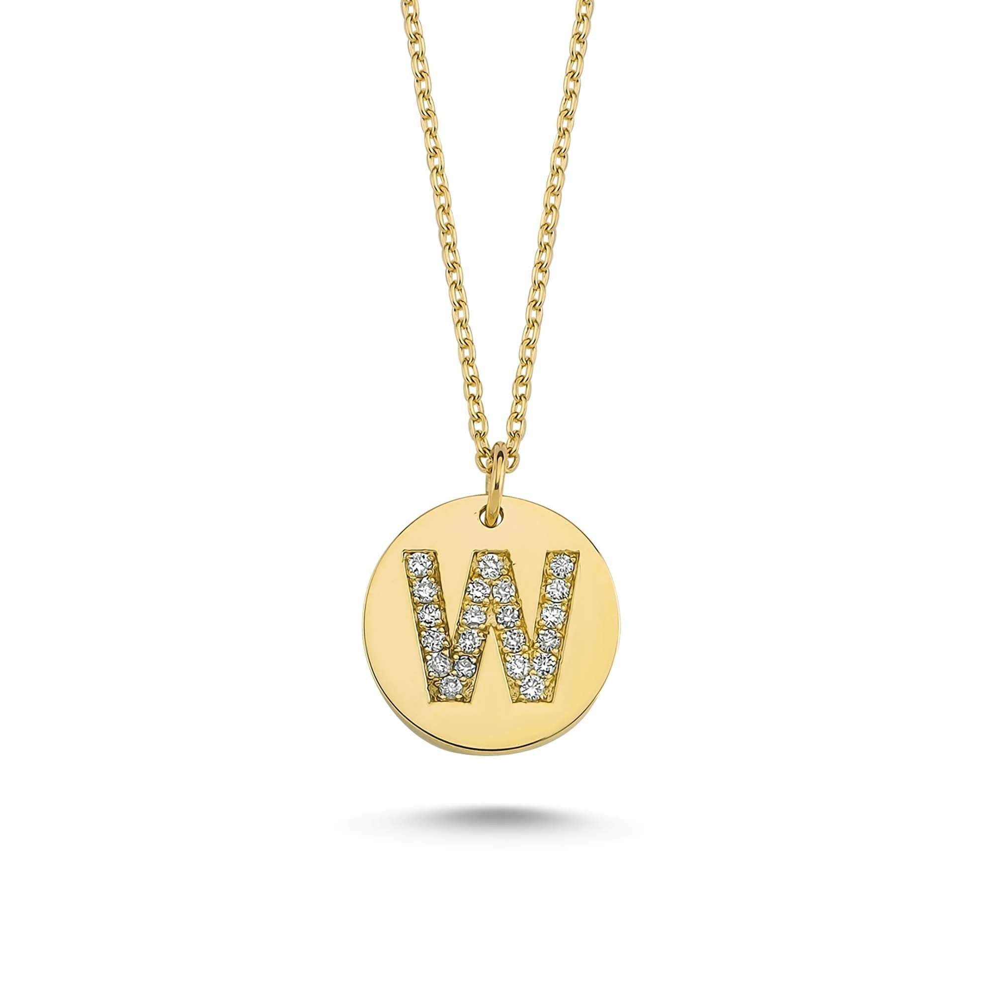 Letter W Pendant Necklace with Diamond in Gold