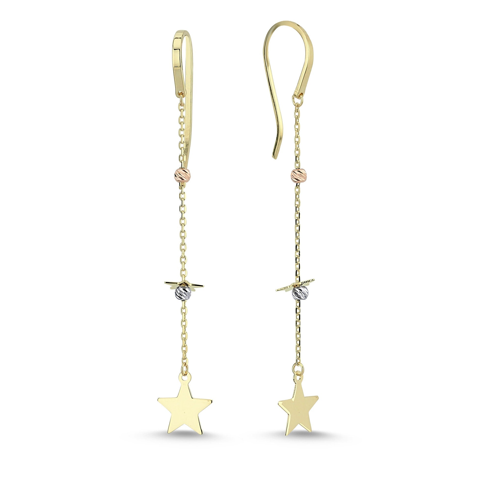 Long Chain Drop Earrings with Star Charm in Yellow Gold