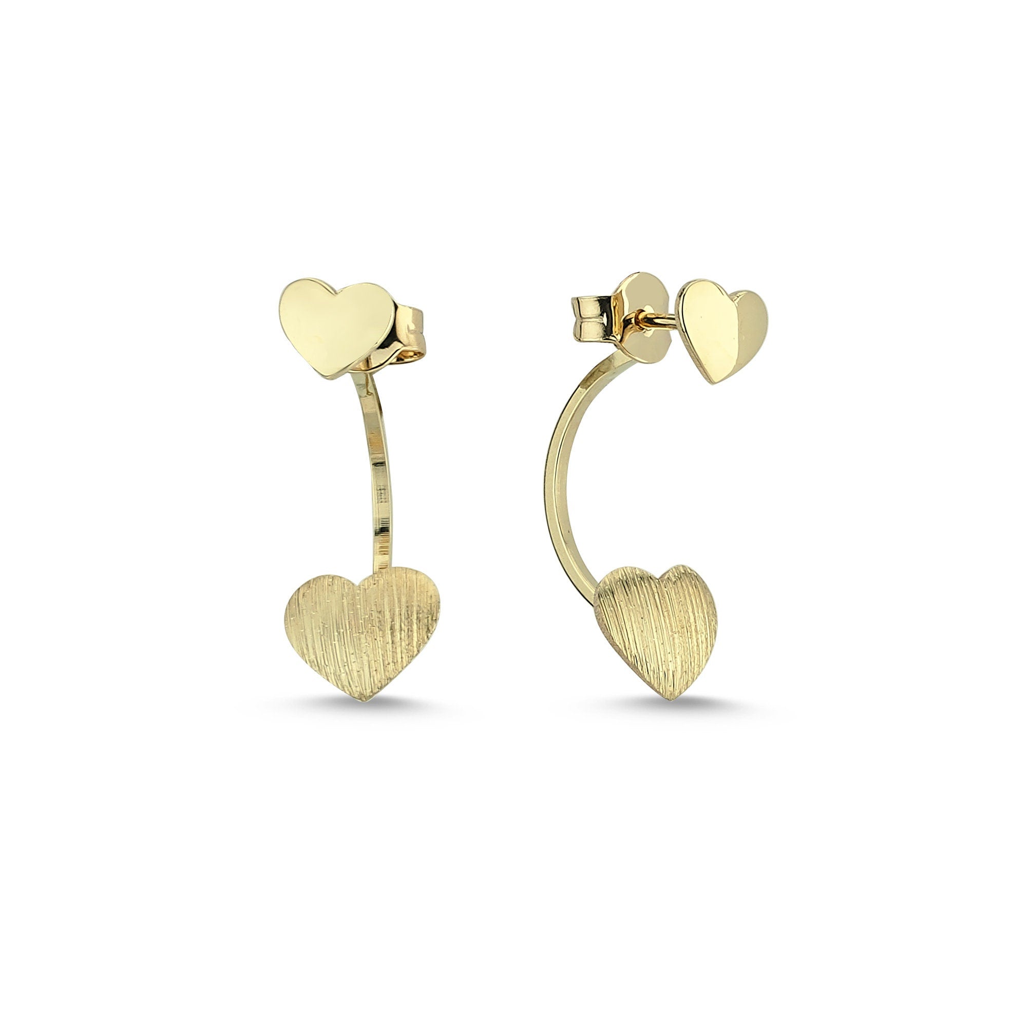 Matte and Shiny Heart Front Back Stud Earrings in Gold