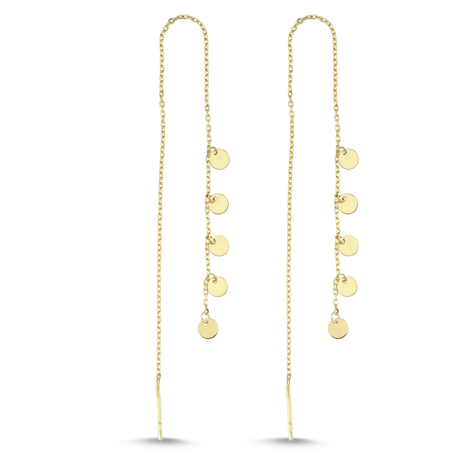 Mini Disc Threader Chain Earrings in 14k Gold