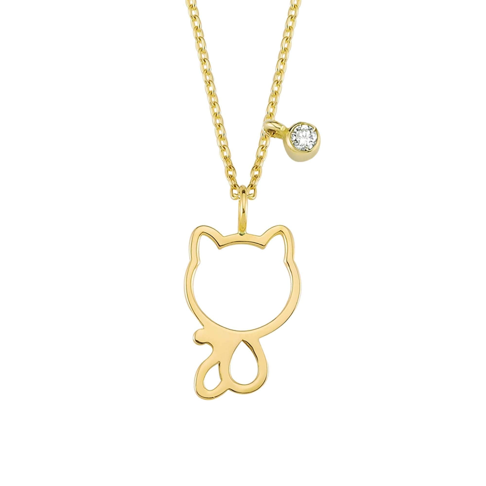 Minimalist Cat Charm Necklace with Gold and Diamond