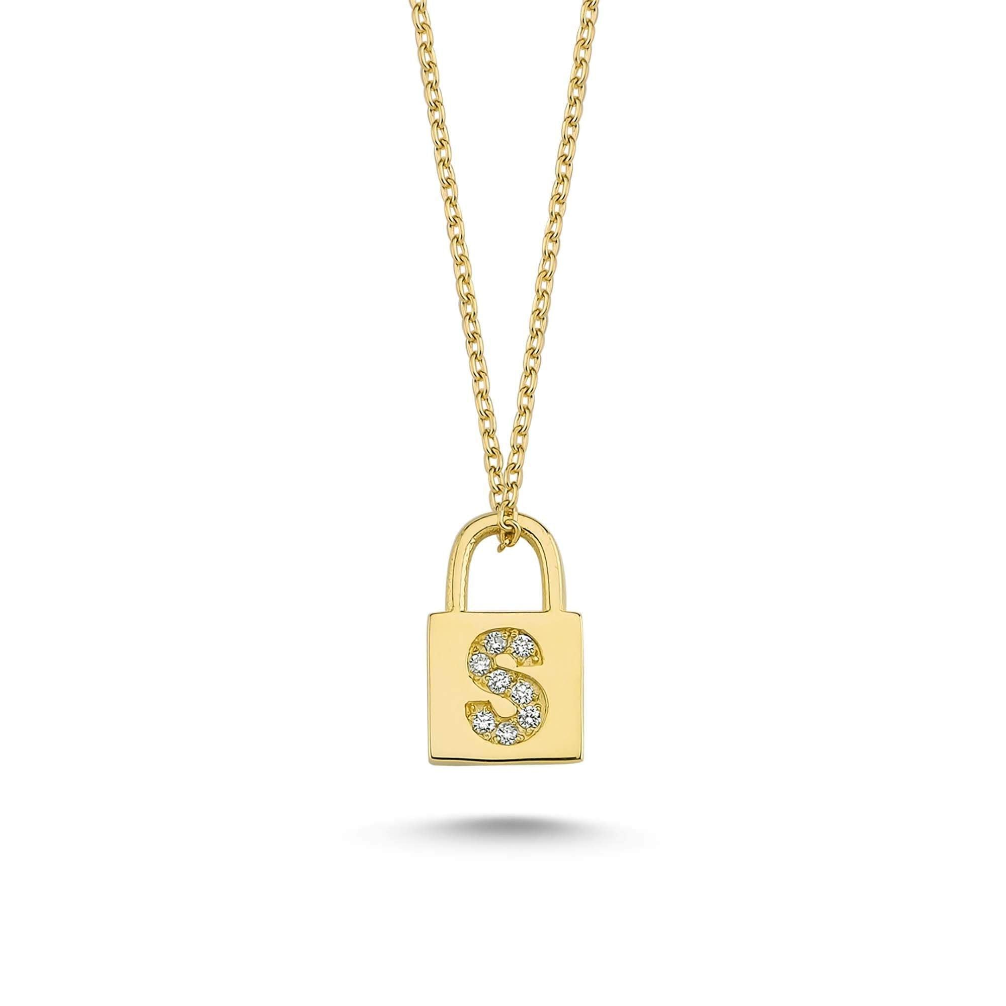 Minimalist Gold Padlock Charm Necklace with Initial S