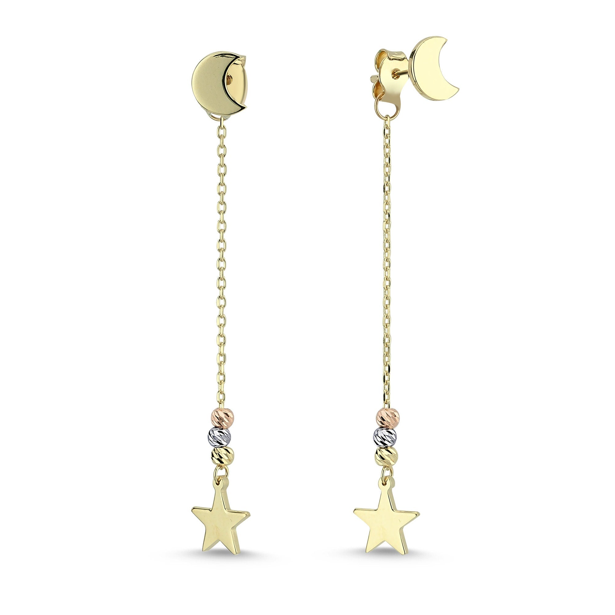 Minimalist Moon and Star Dangle Earrings in Real Gold