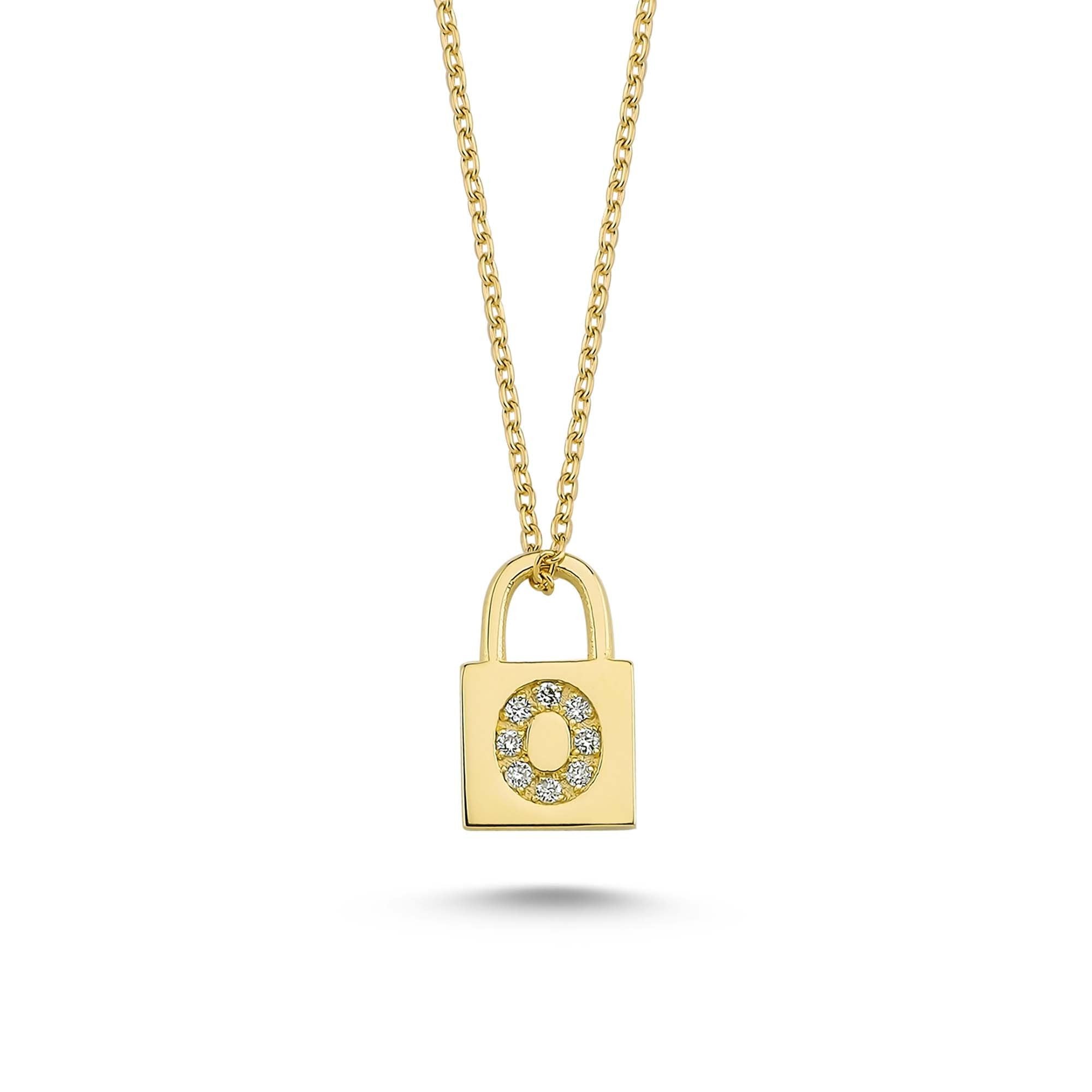 Minimalist Padlock Charm Necklace with Real Diamond Letter O
