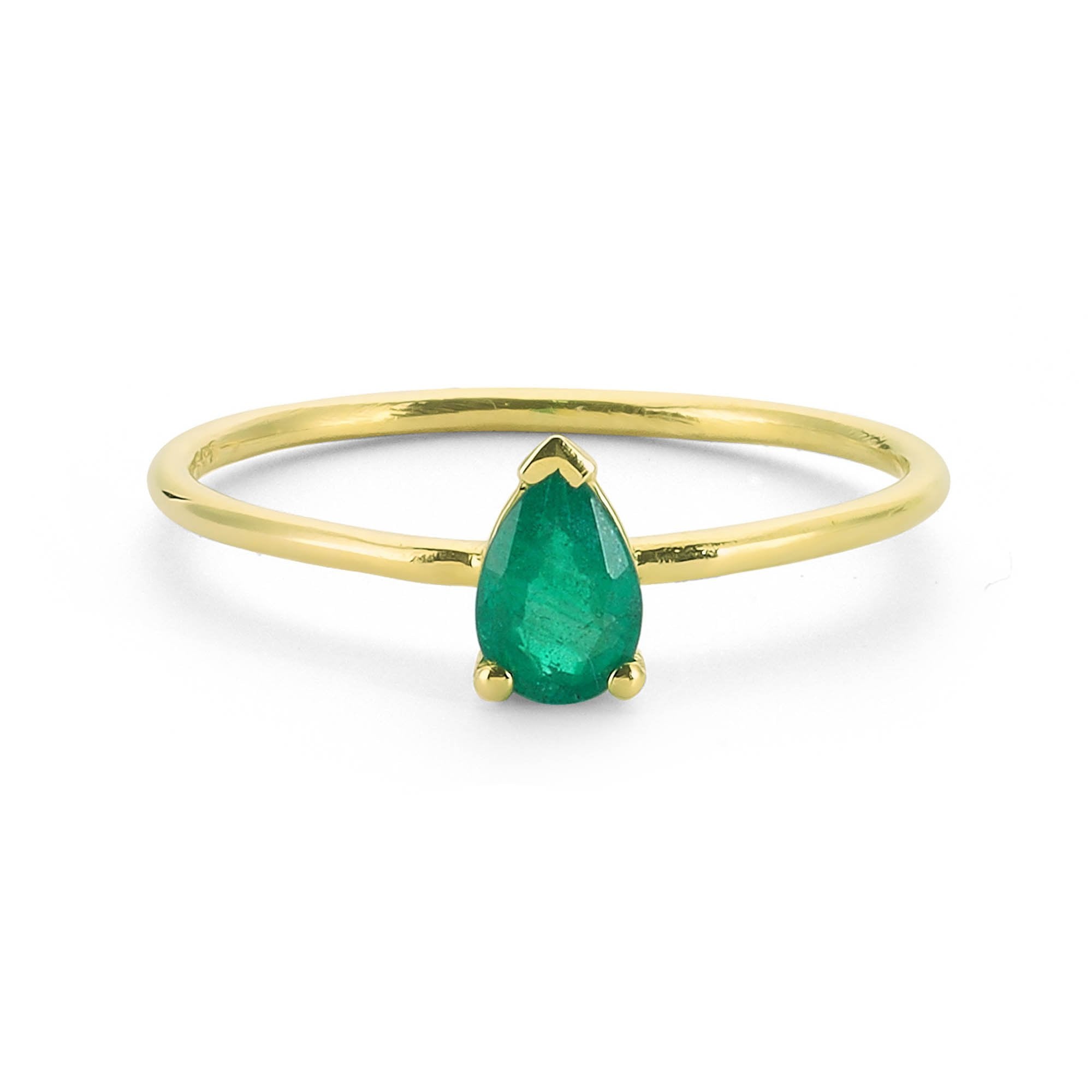 Minimalist Pear Cut Emerald Solitaire Ring in Gold