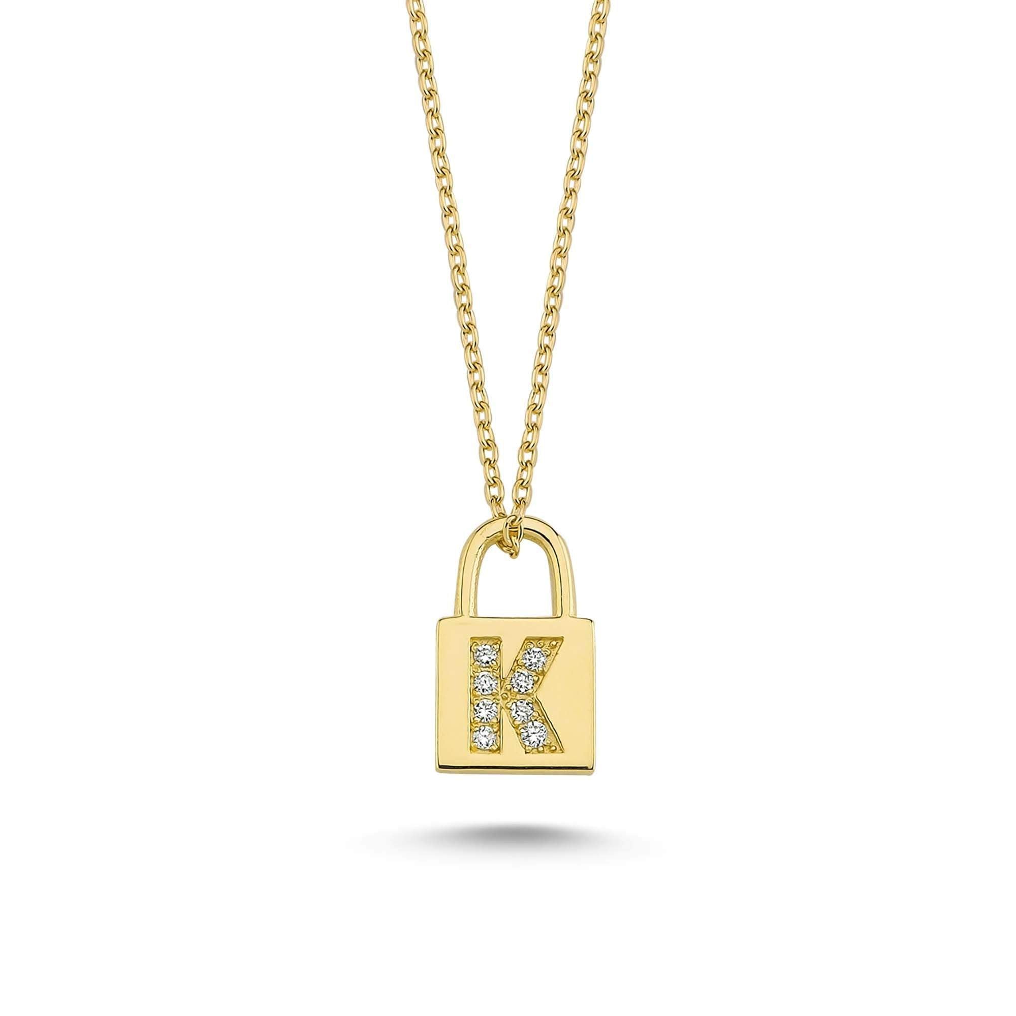 Padlock Charm Necklace with Letter K with Diamond