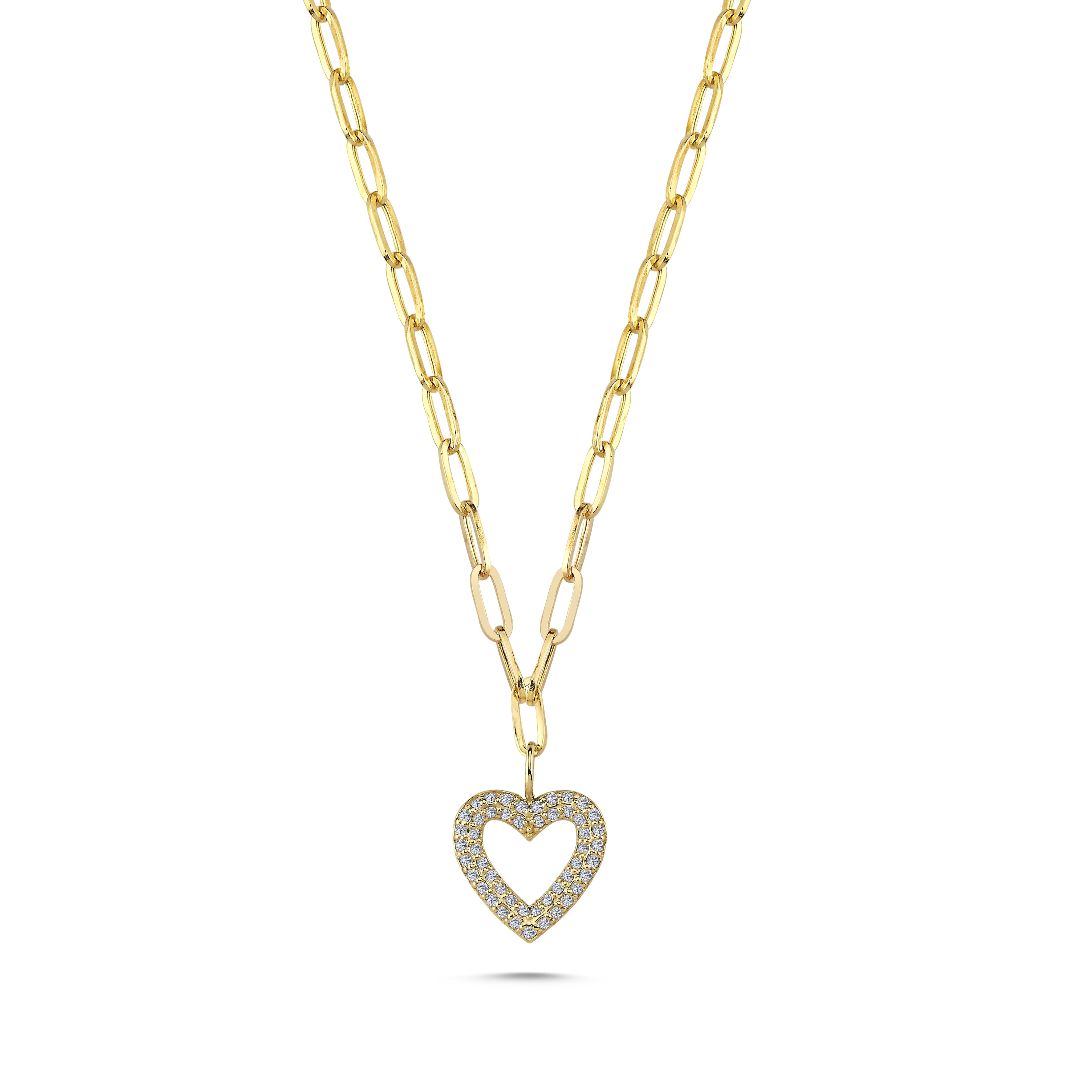 Pave Heart Necklace with Paperclip Chain
