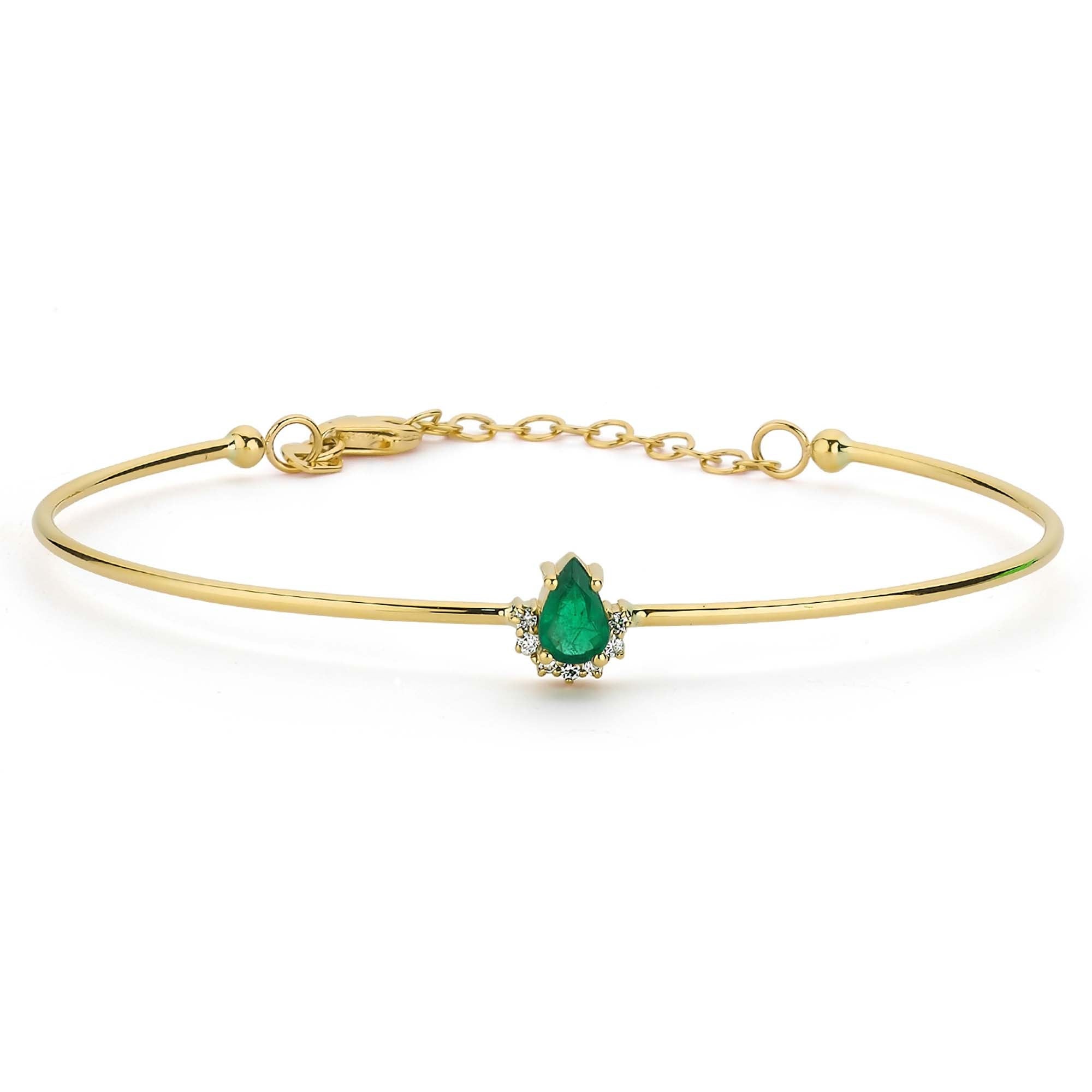 Pear Cut Emerald and Diamond Bangle in 14k Solid Gold