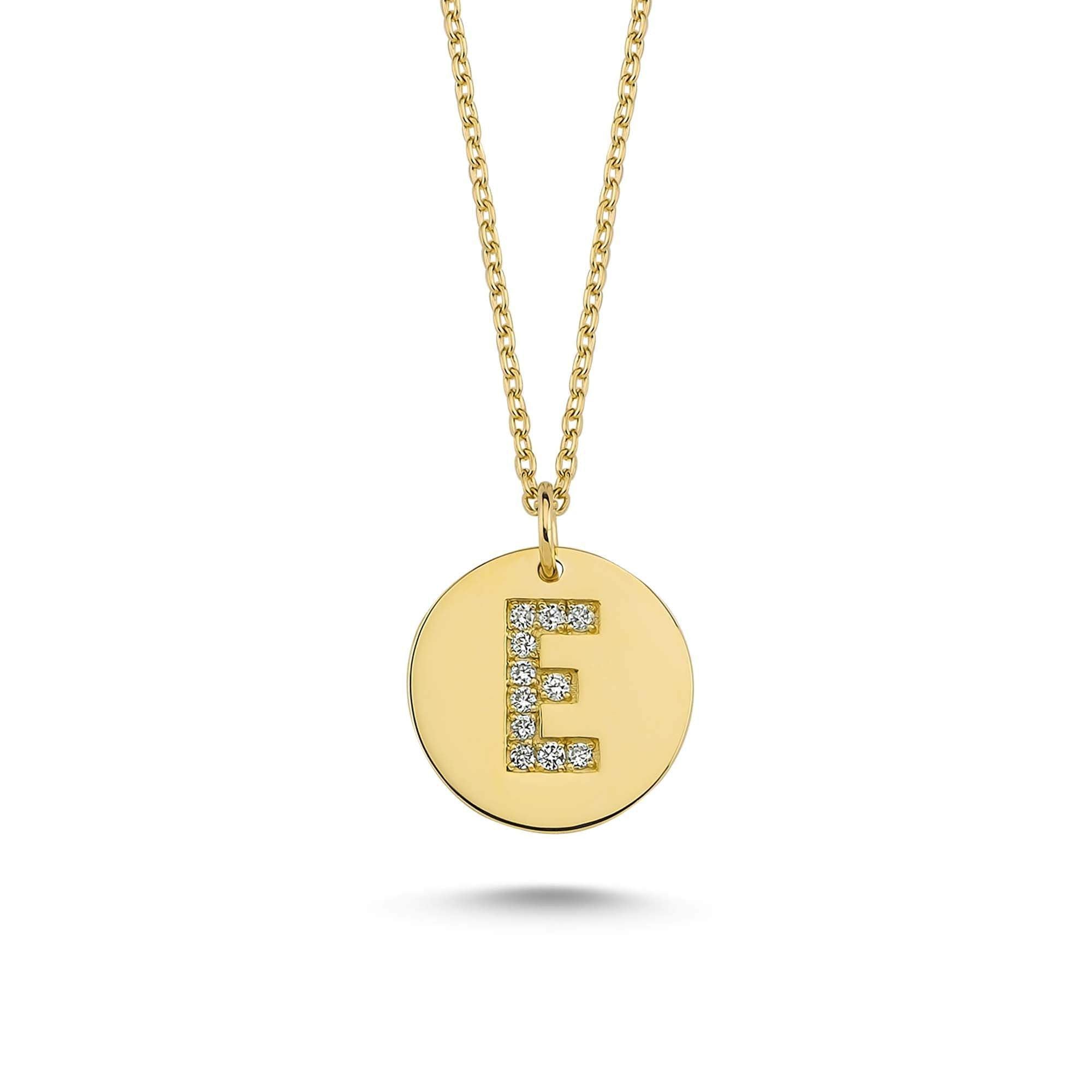 Round Shaped Letter E Pendant Necklace with Pave Diamond