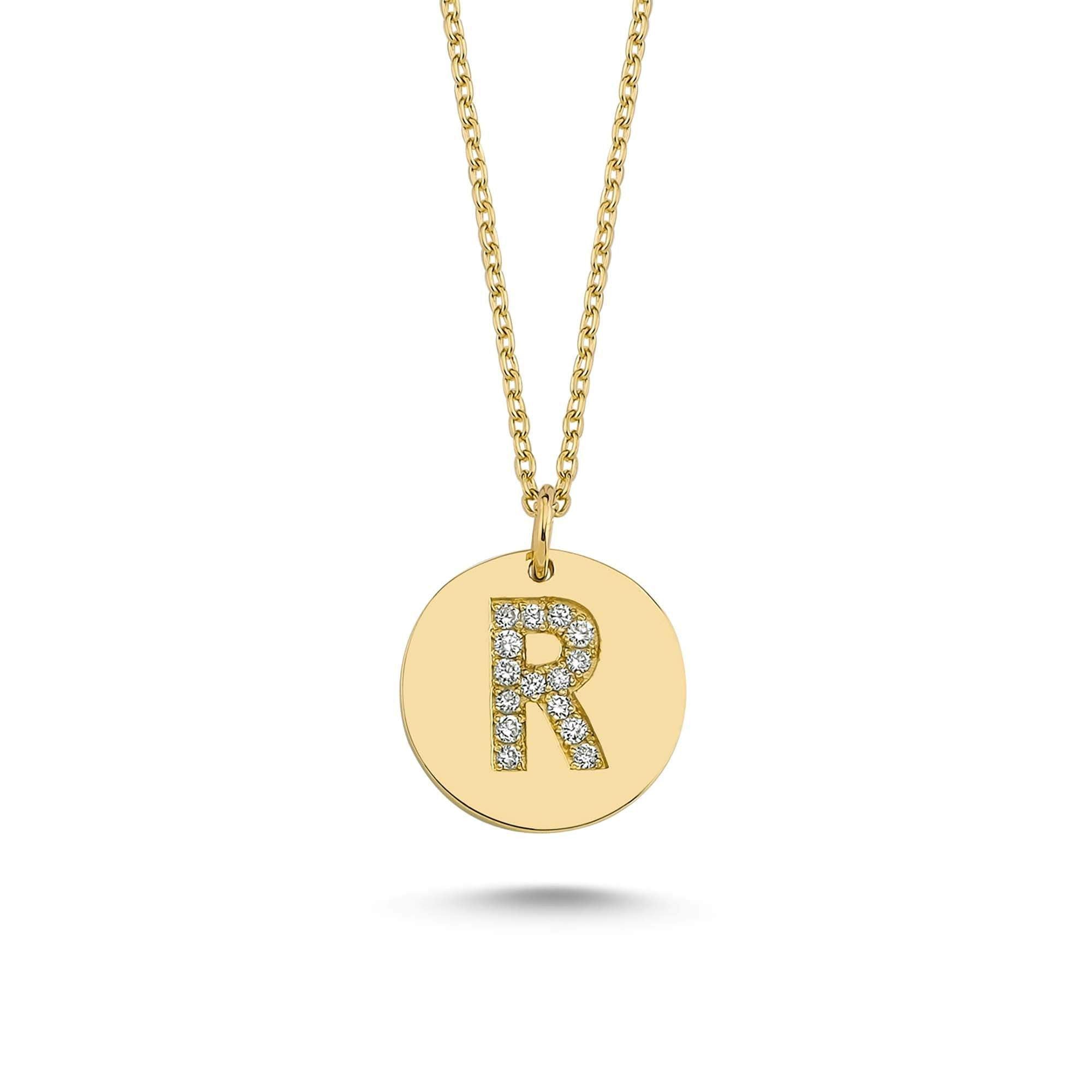 Round Shaped Pendant Neclace with Letter R with Diamond