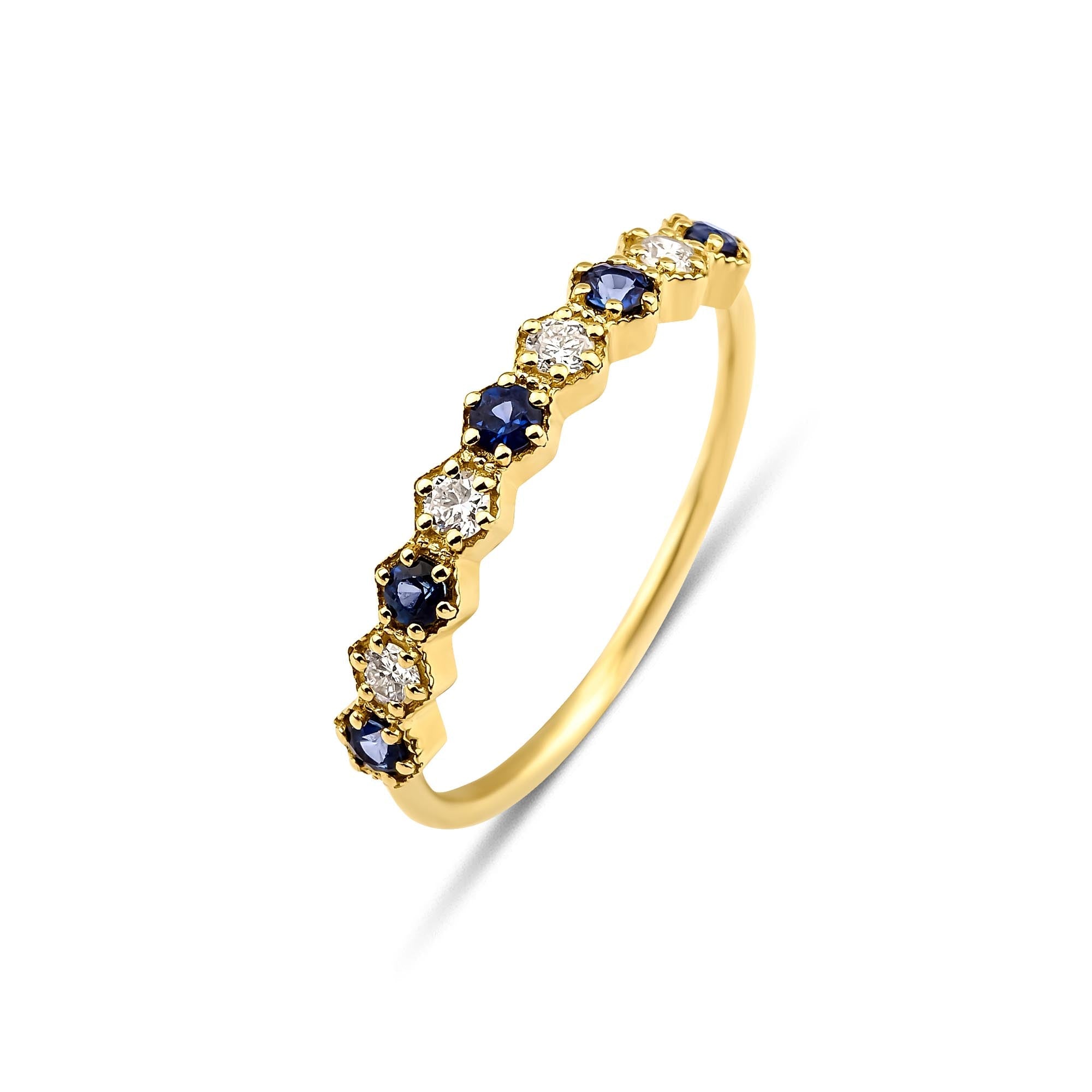 Sapphire and Diamond Hexagon Ring
