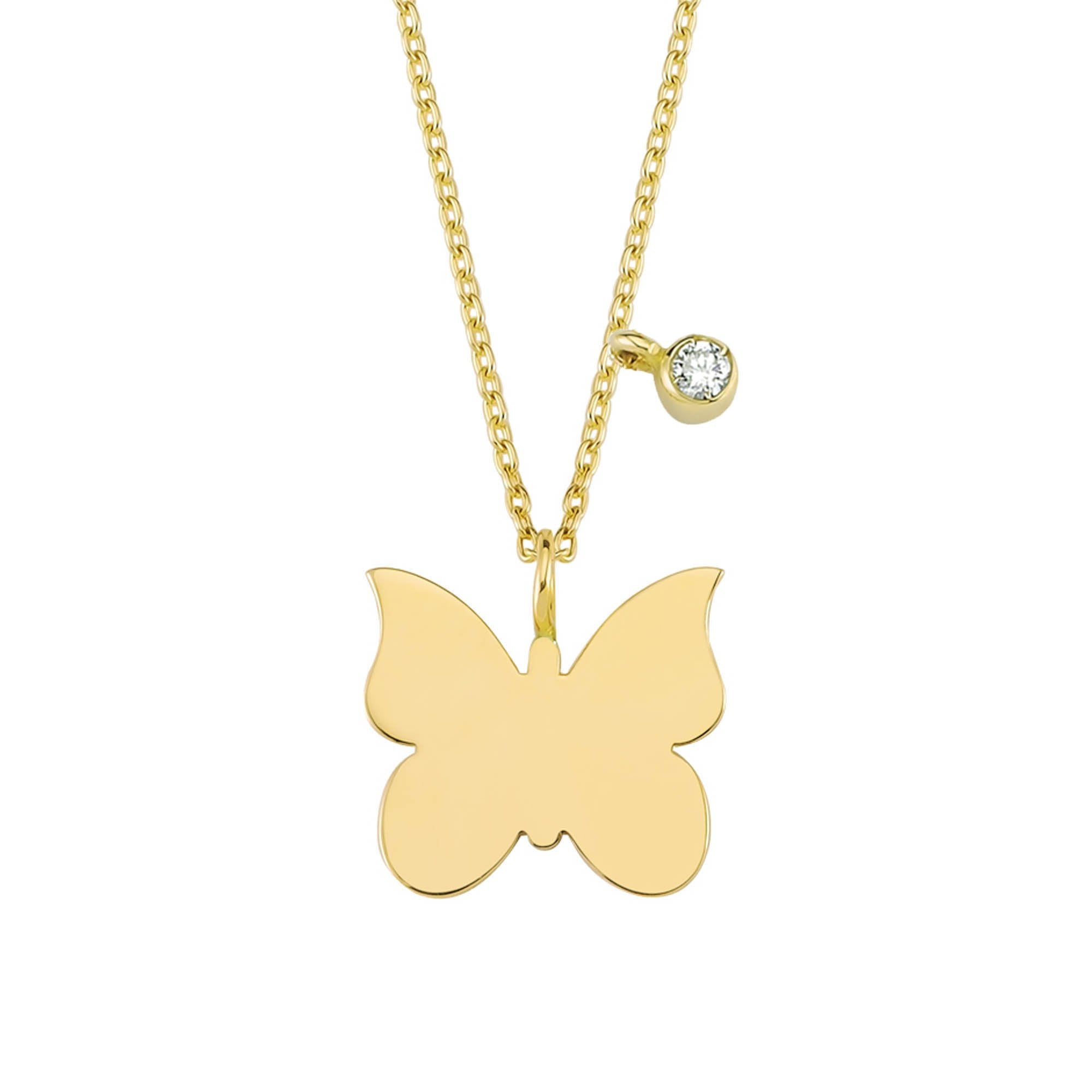 Simple Gold Butterfly Charm Necklace with Bezel Diamond