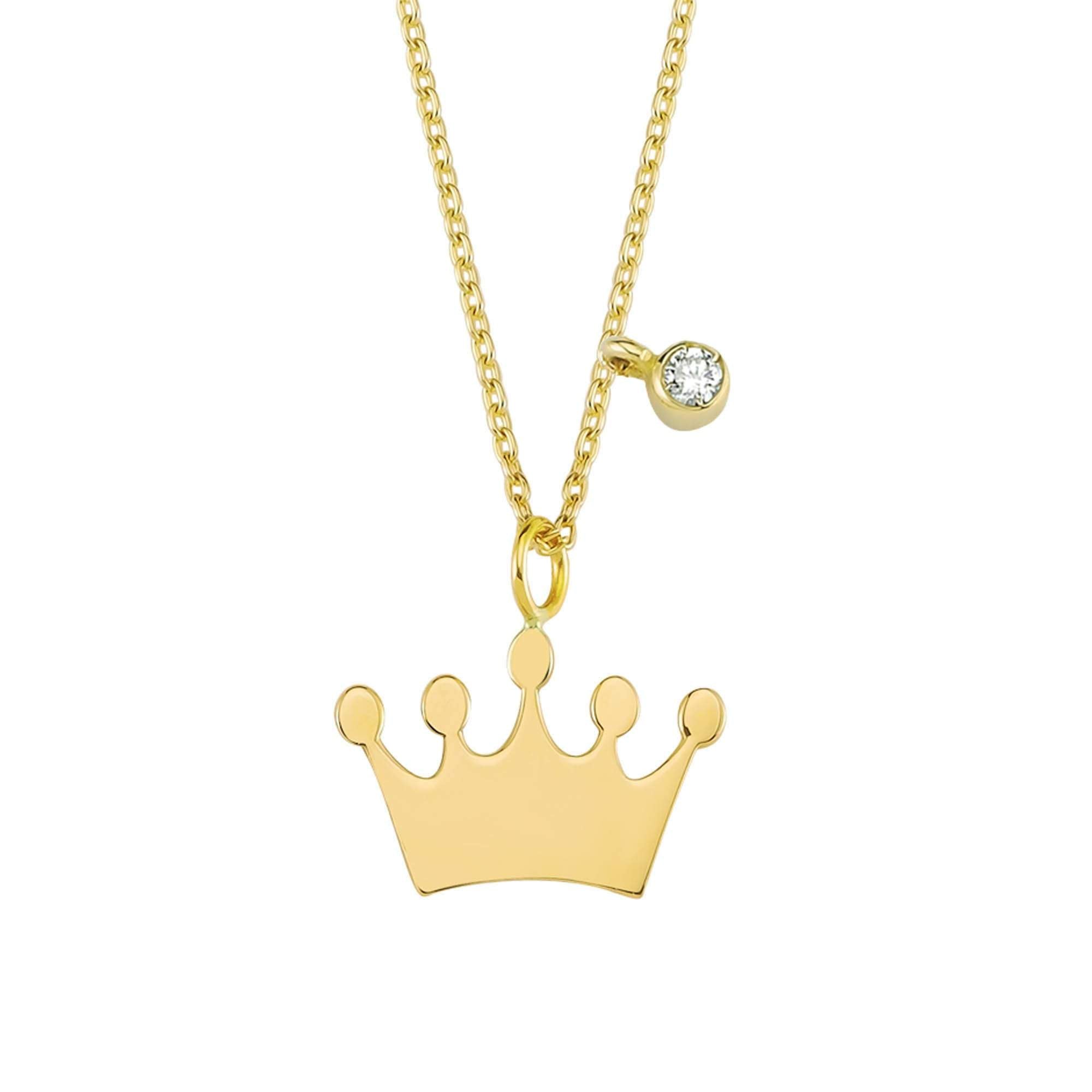 Simple Gold Crown Charm Necklace with Single Diamond