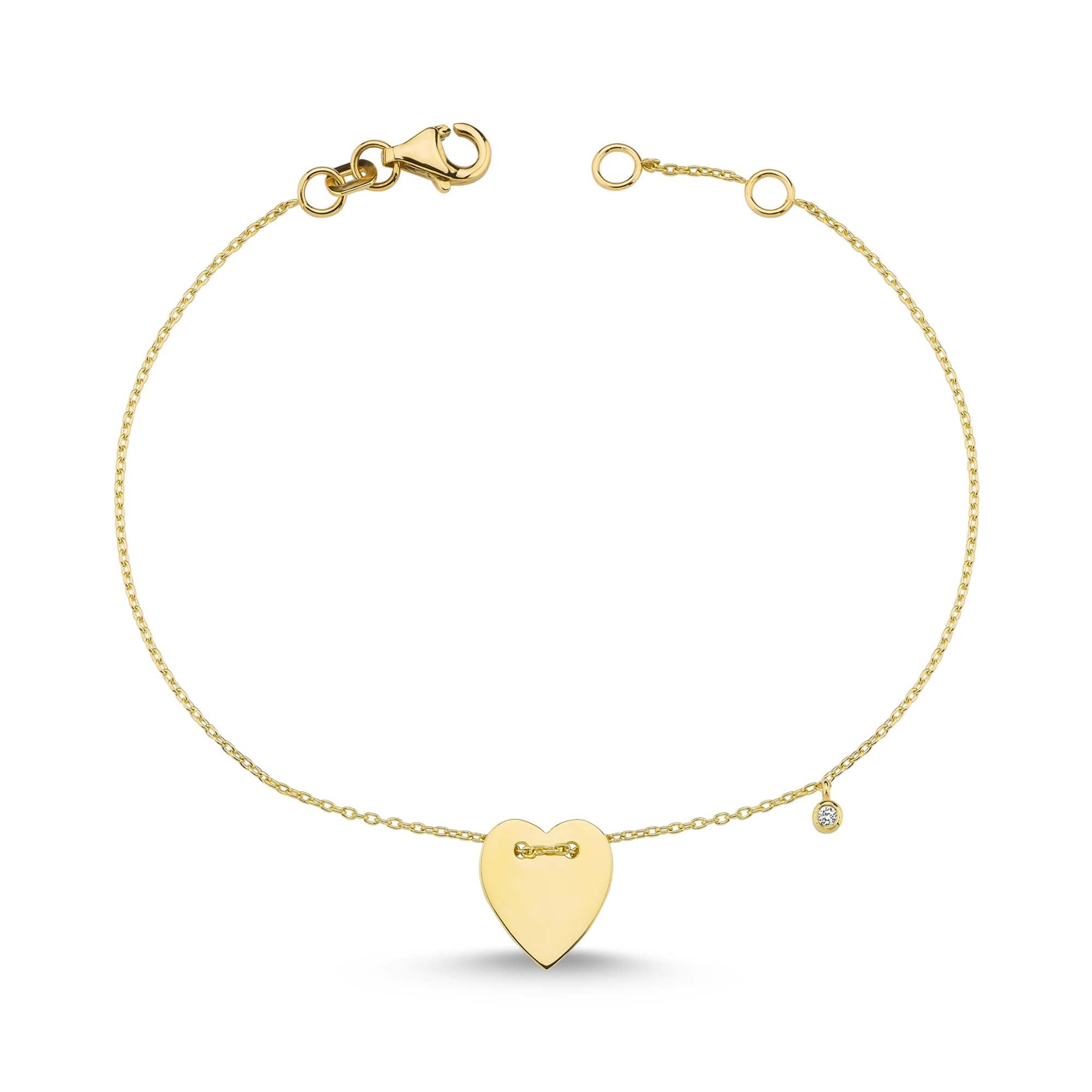 Simple Gold Heart Charm Bracelet with Single Diamond