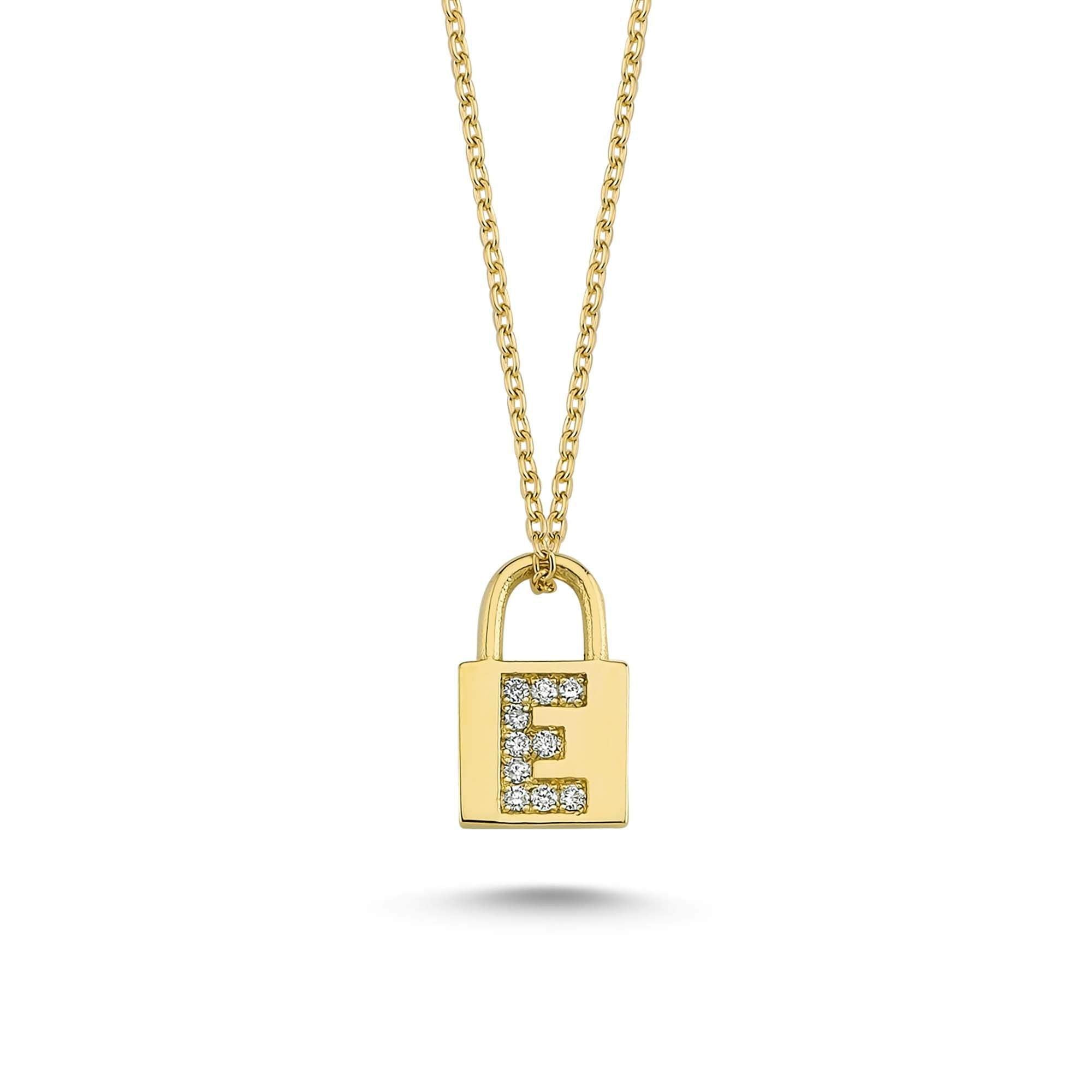Simple Padlock Charm Necklace with Letter E in Diamond