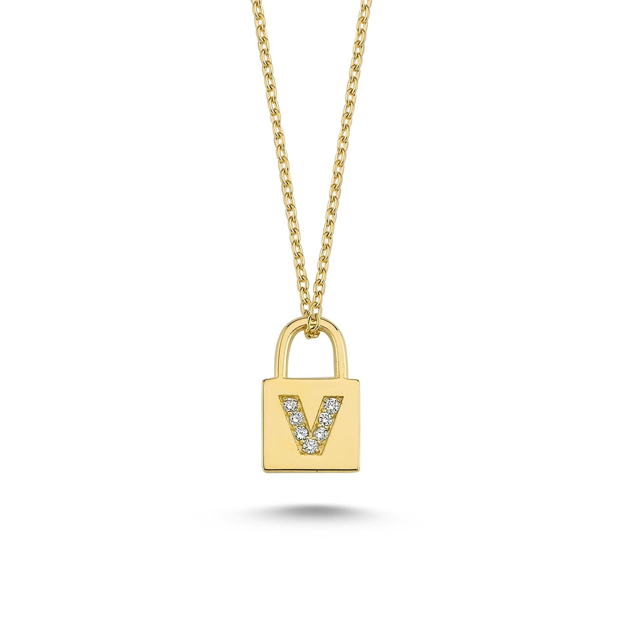 Small Letter V Padlock Charm Necklace with Real Diamond