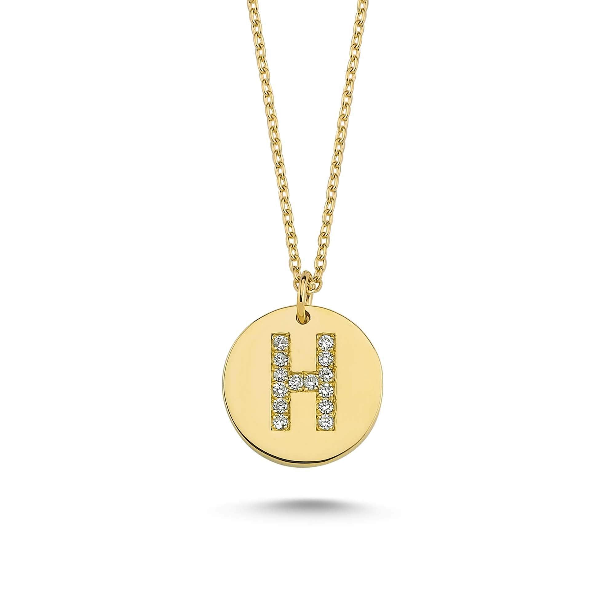 Solid Gold and Diamond Initial H Necklace in Round Shaped